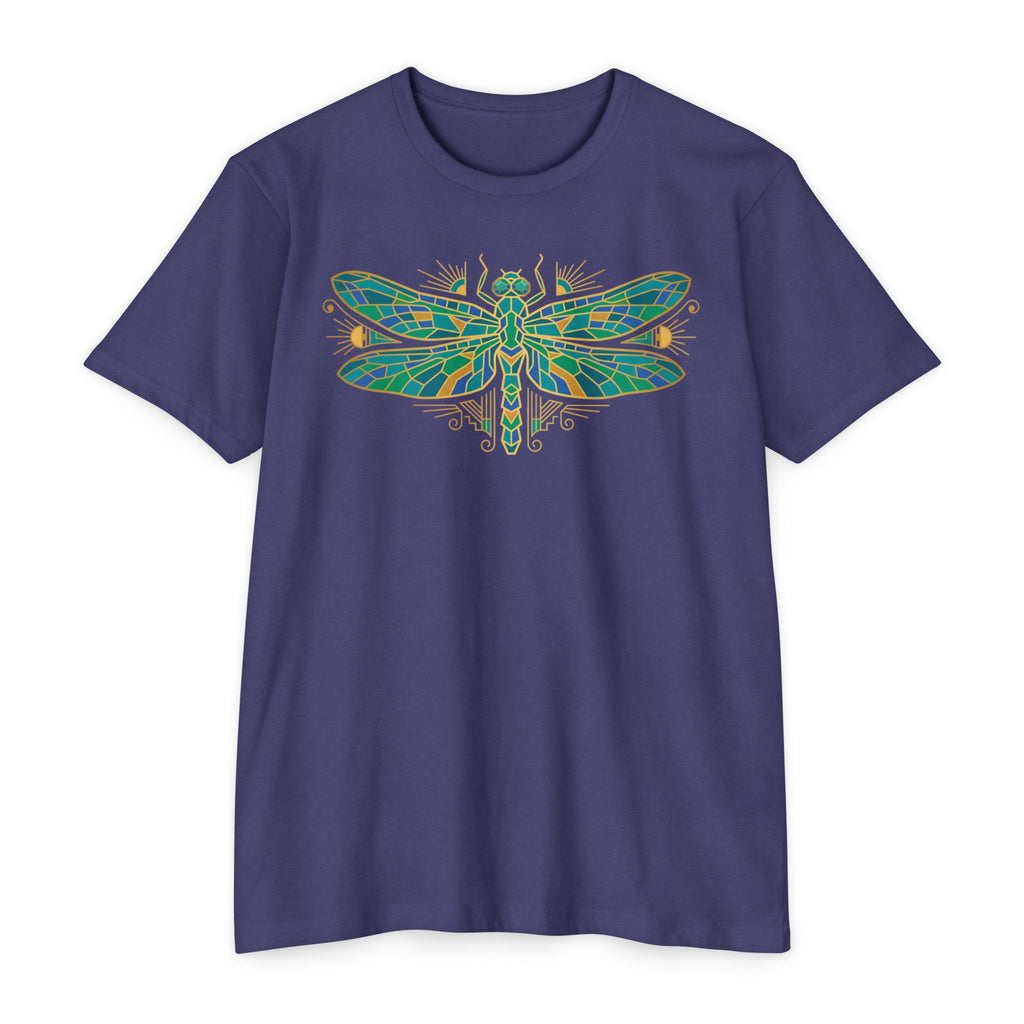 Purple t-shirt with colorful dragonfly mosaic graphic on the chest