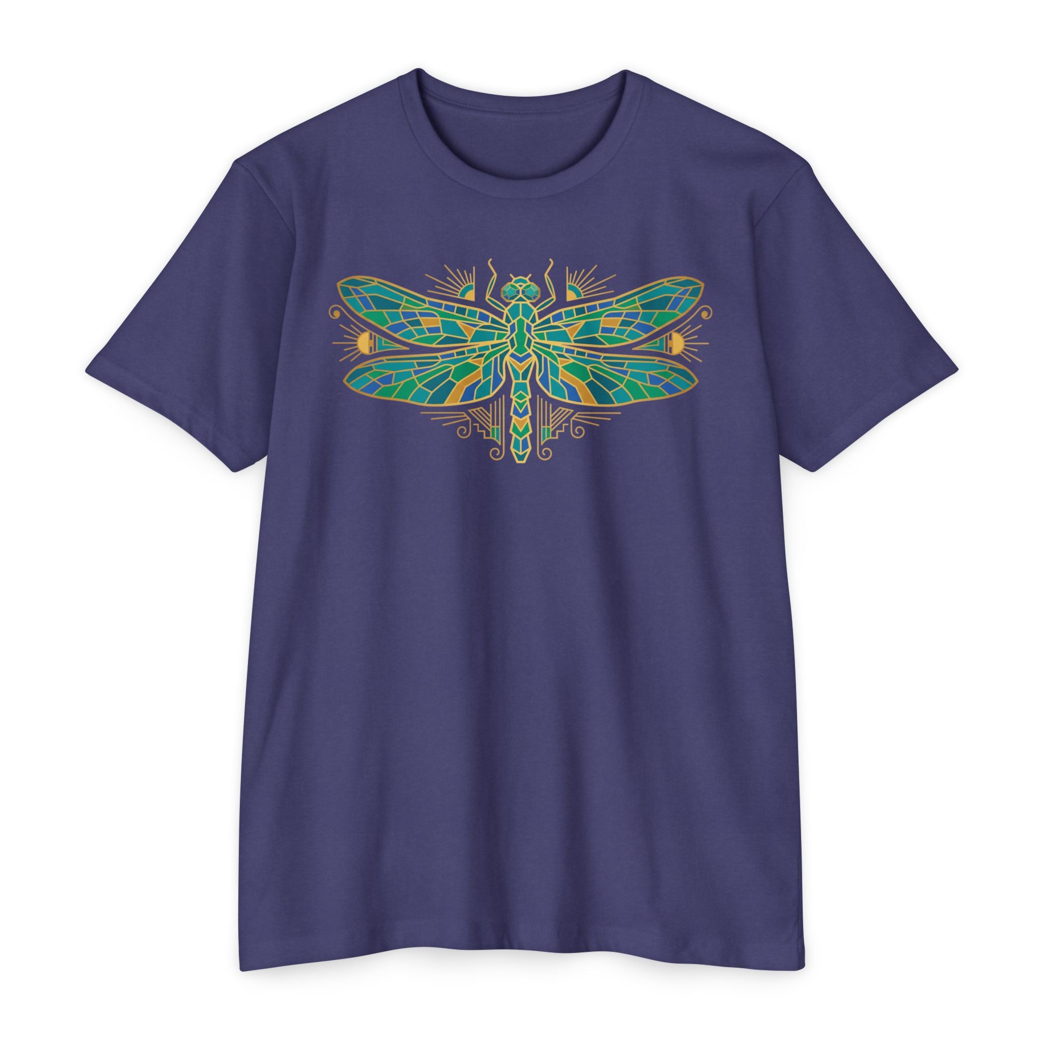 Purple t-shirt with colorful dragonfly mosaic graphic on the chest
