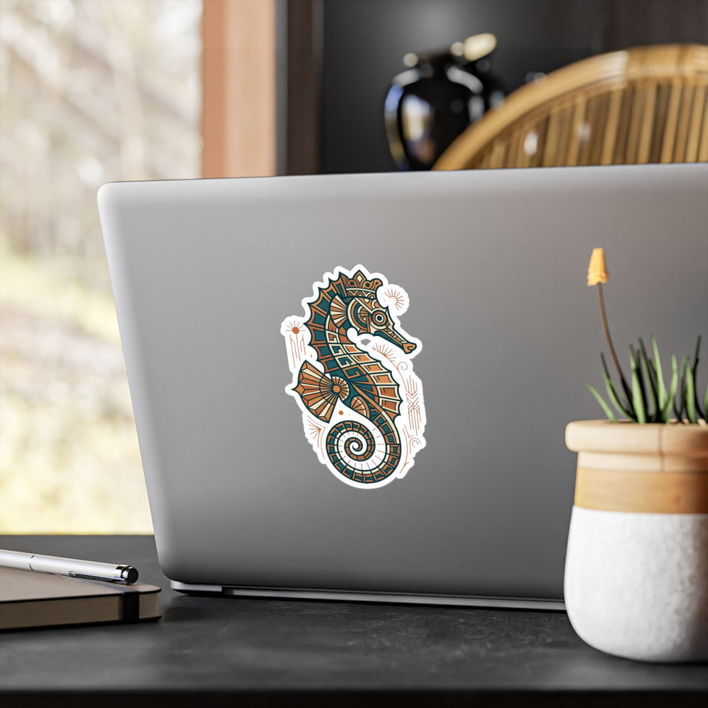 Art deco seahorse vinyl decal on laptop, teal and orange geometric pattern