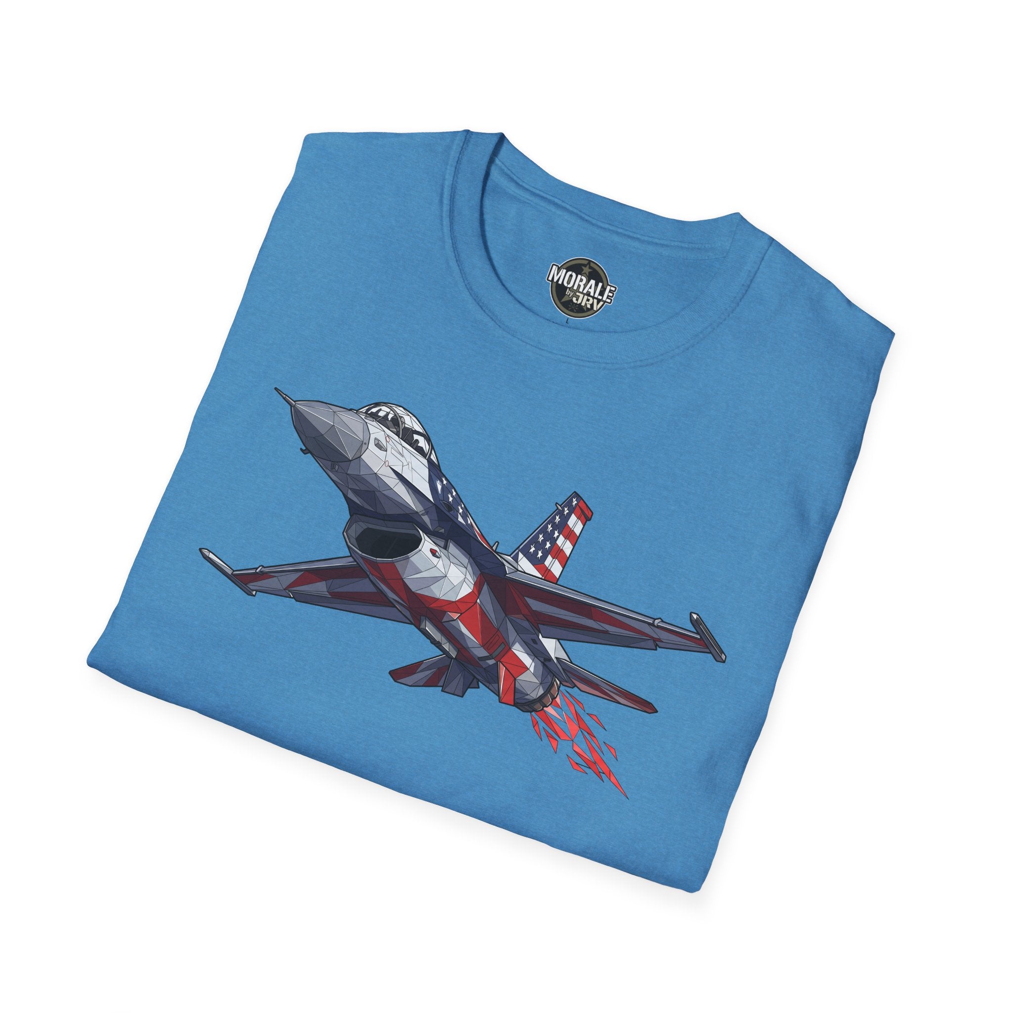 Light blue T-shirt featuring F-16 jet and American flag design