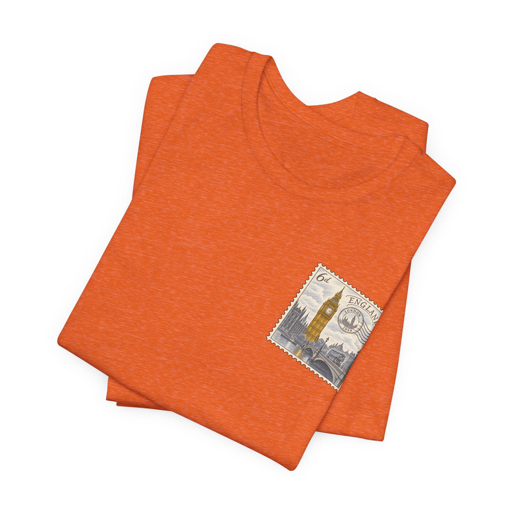 Orange heather crew-neck T-shirt with small postage-stamp graphic on front