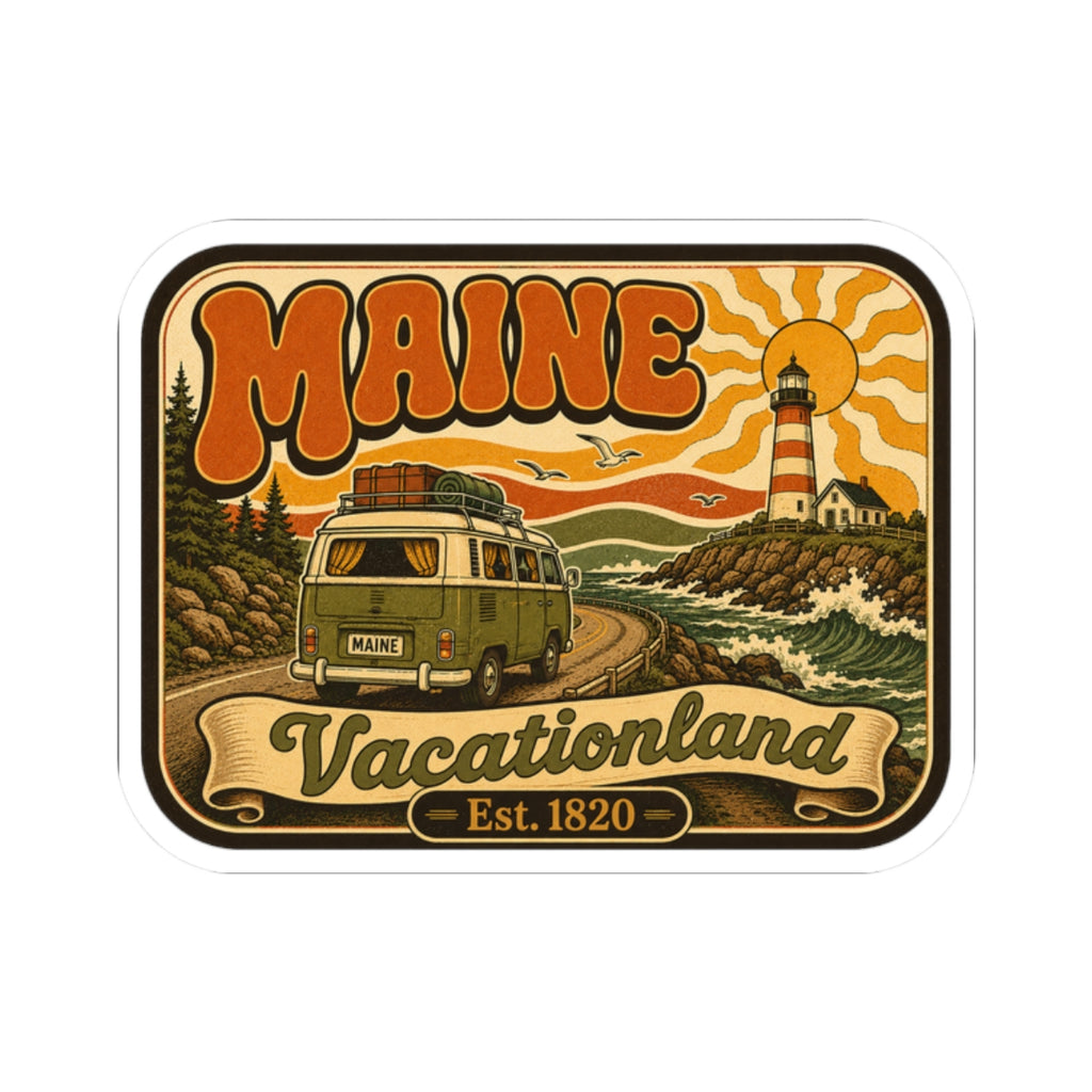 Kiss-cut vintage style sticker with lighthouse tower, camper van, and Est. 1820