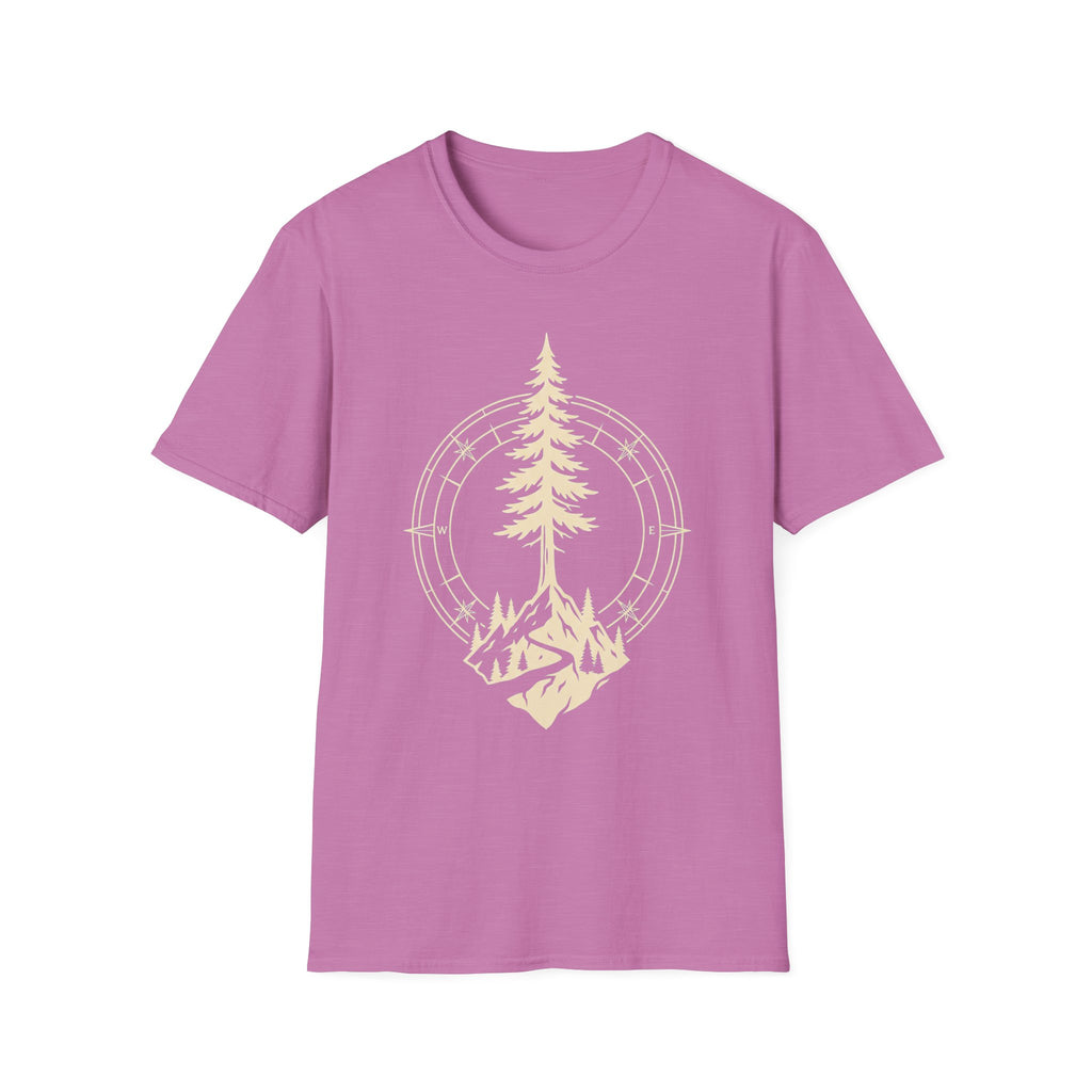 Heather radiant orchid T-shirt with pine tree compass graphic in light yellow
