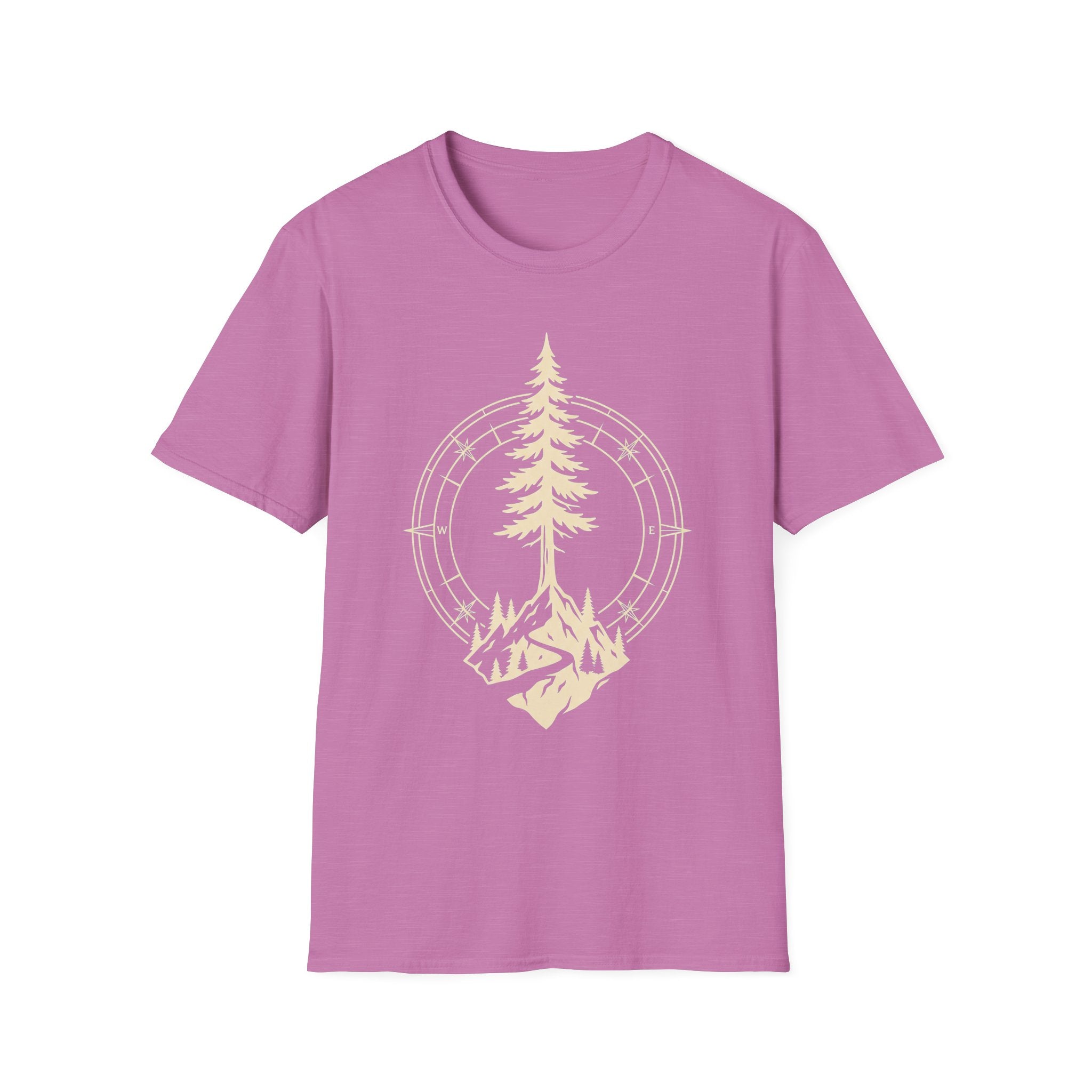 Heather radiant orchid T-shirt with pine tree compass graphic in light yellow