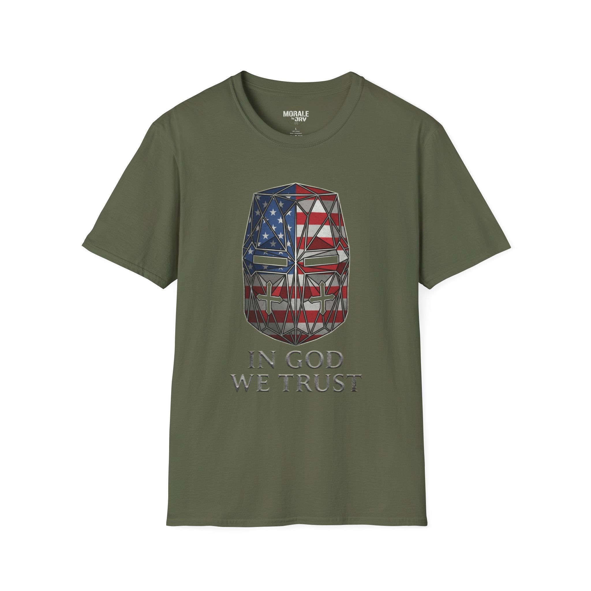 Military green T-shirt with crusader helmet flag graphic and “IN GOD WE TRUST”