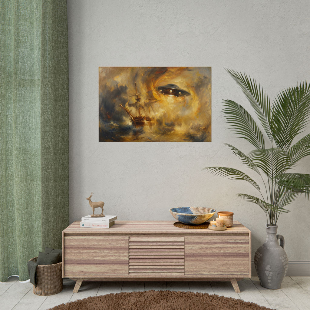 UFO shipwreck wall poster, small artwork with glowing eye and dark ship scene