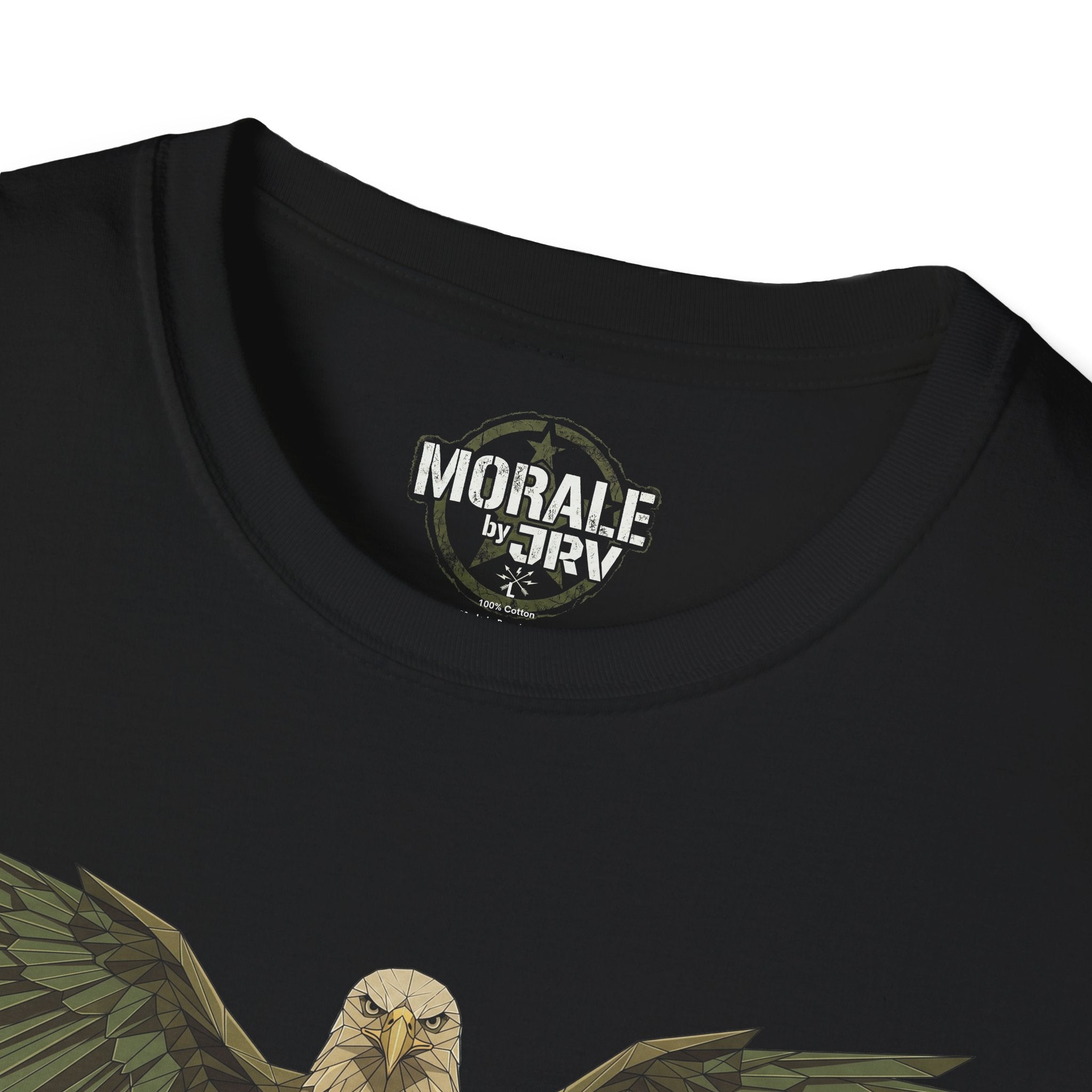 Black T-shirt neckline close-up with “MORALE by TRV” label and raptor graphic edge.