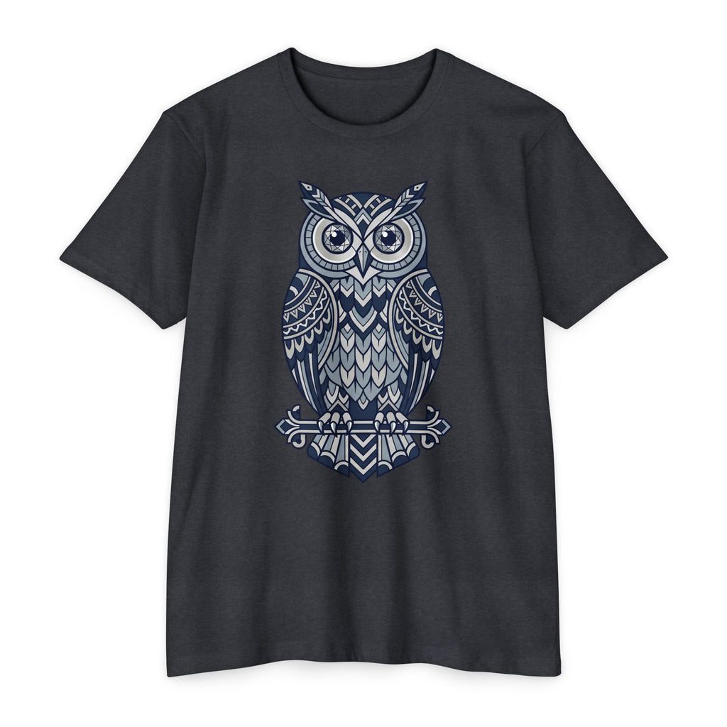 Graphic owl T-shirt, charcoal crew neck short sleeves, blue owl graphic