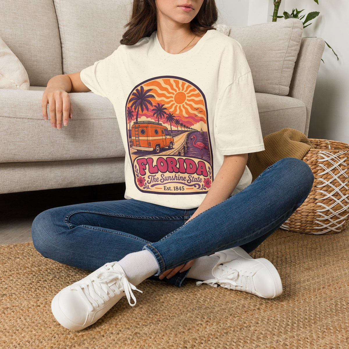 Unisex white graphic t-shirt with Florida palm sunset camper and road-trip text print