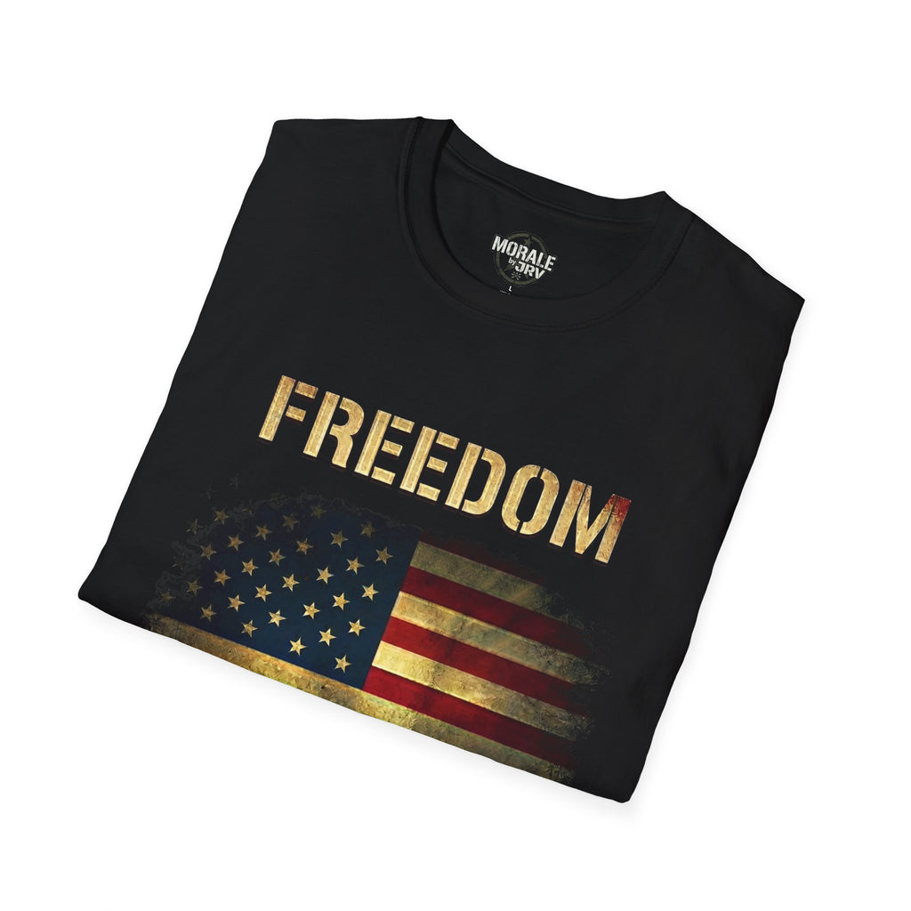 Black Freedom graphic T-shirt: “FREEDOM” over U.S. flag