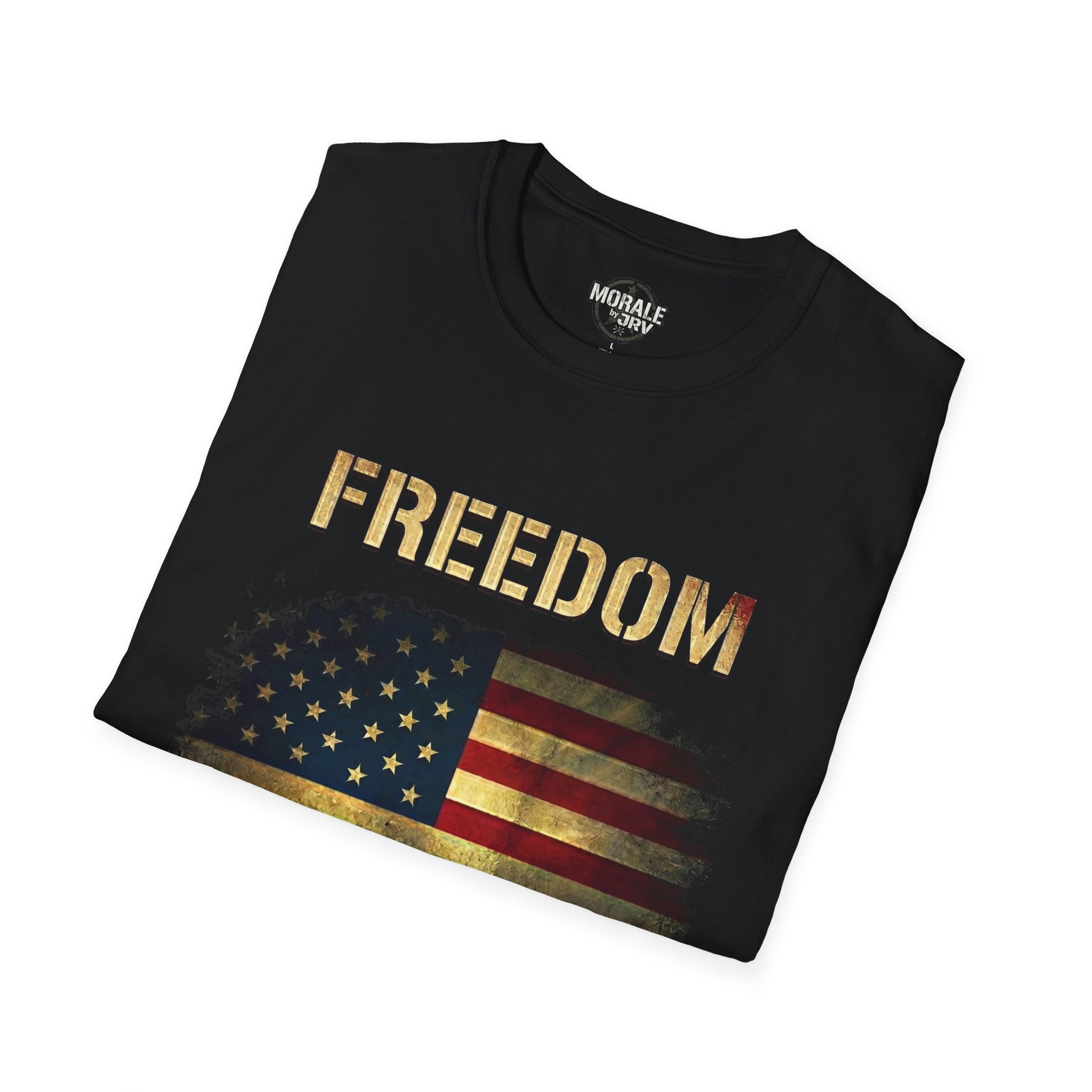 Black Freedom graphic T-shirt: “FREEDOM” over U.S. flag