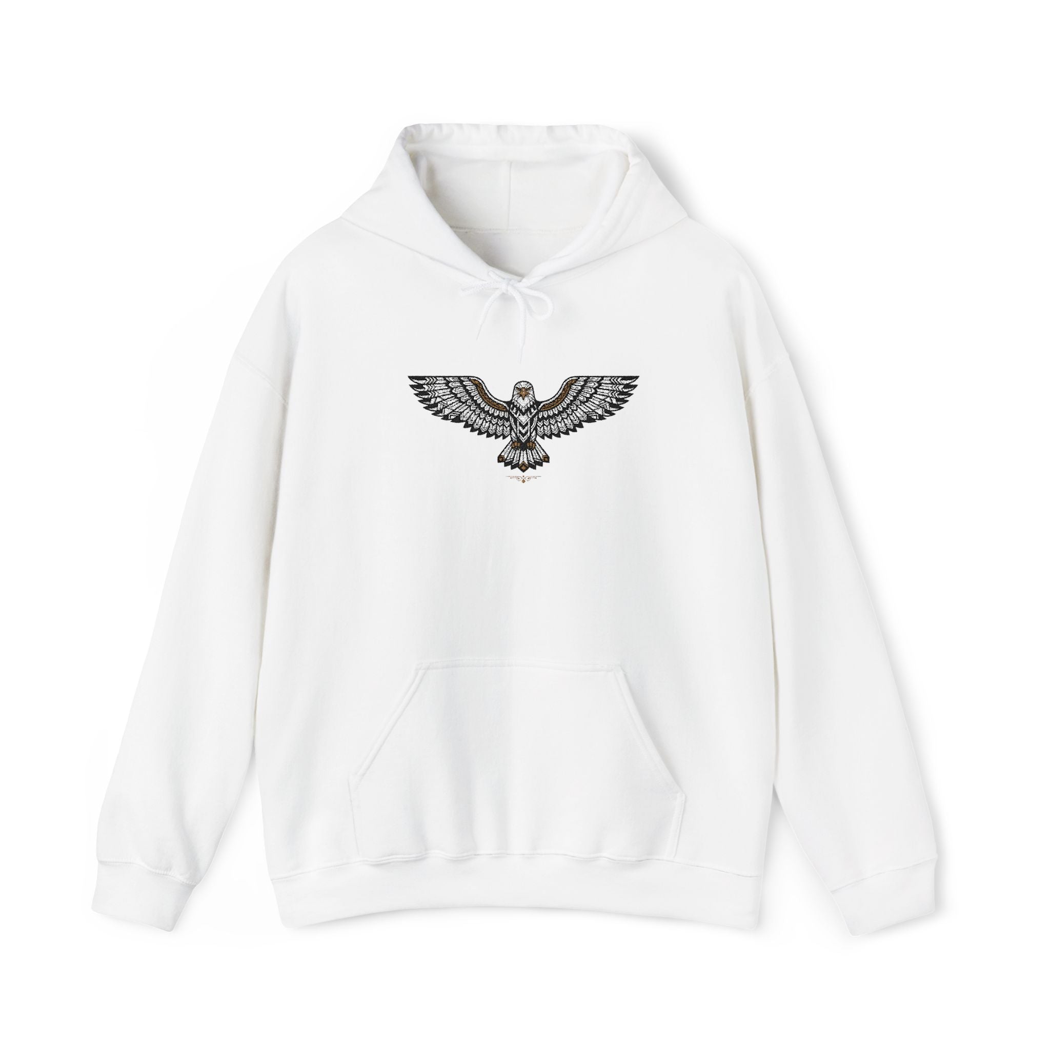 White unisex hoodie with drawstring hood, front pocket, rhinestone eagle chest design