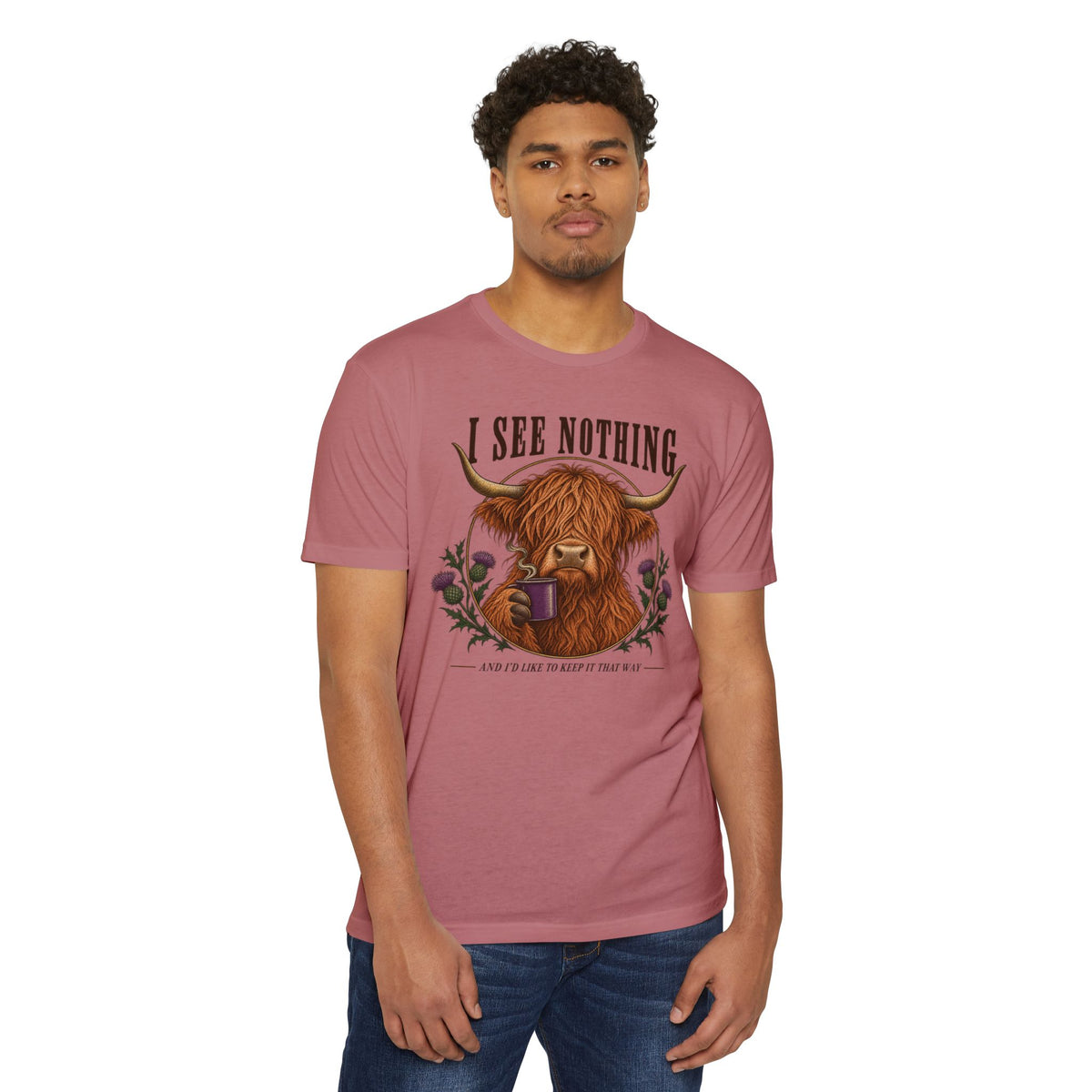Rose pink short-sleeve T-shirt with Highland cow graphic and “I see nothing” text