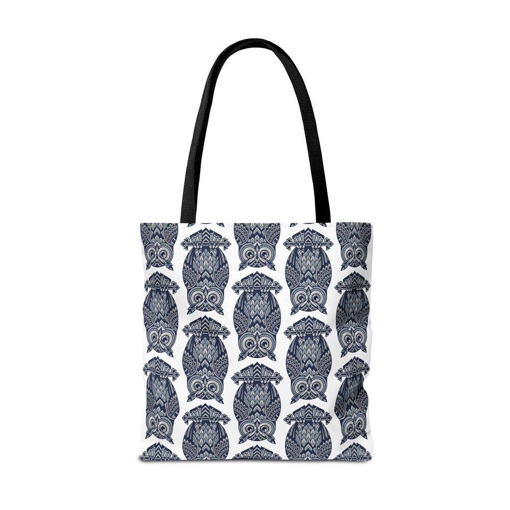 Owl print tote bag with black handles, repeating blue and white owl illustration design.