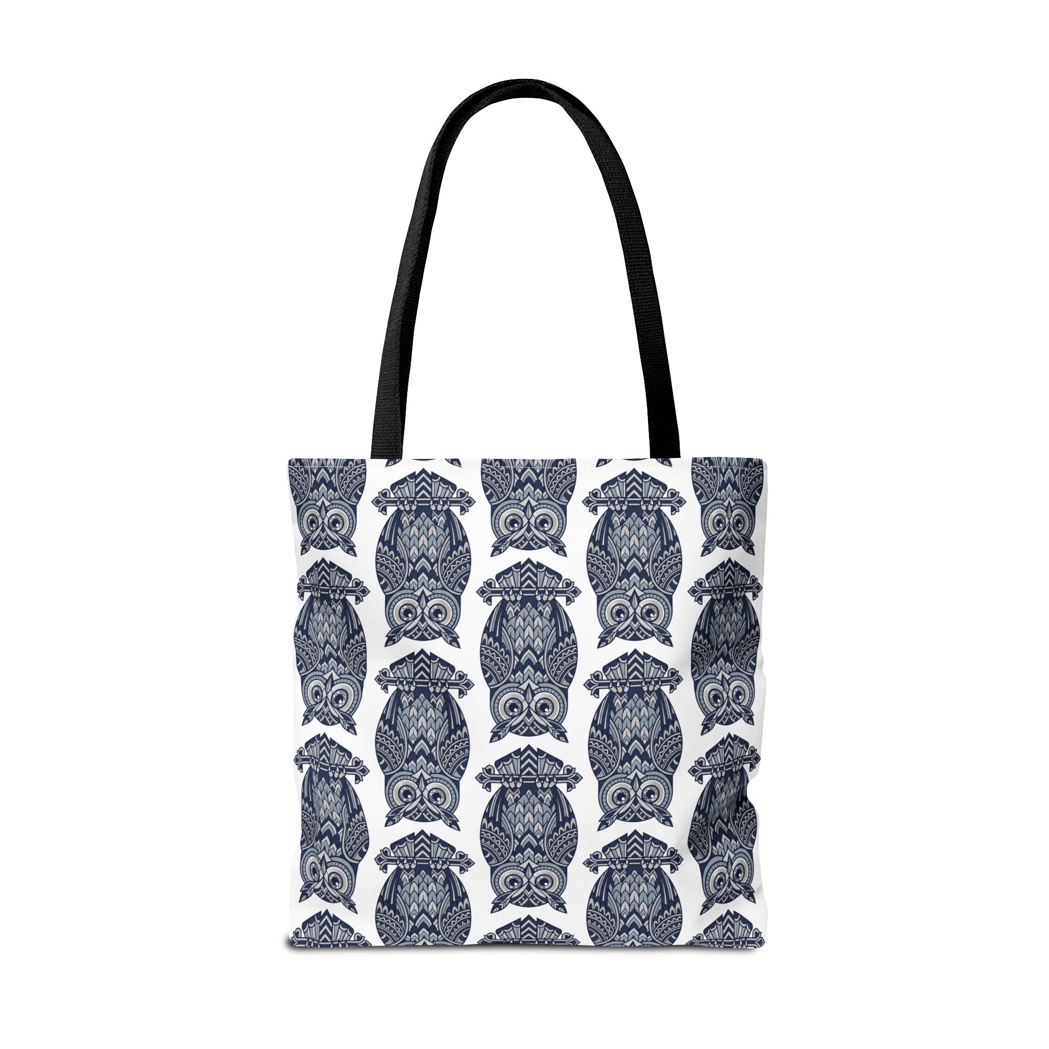 Owl print tote bag with black handles, repeating blue and white owl illustration design.