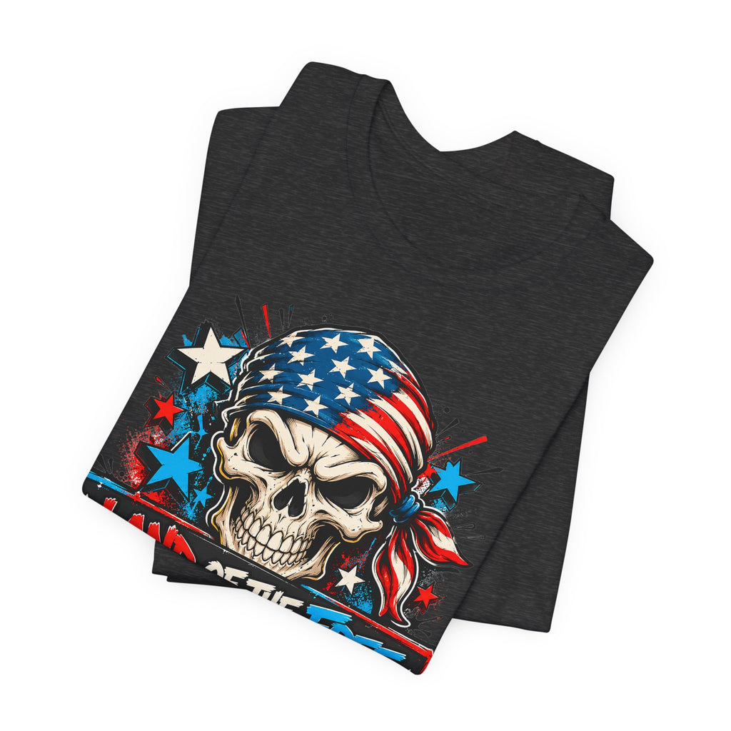 Black crew-neck T-shirt with patriotic skull graphic and stars on front.