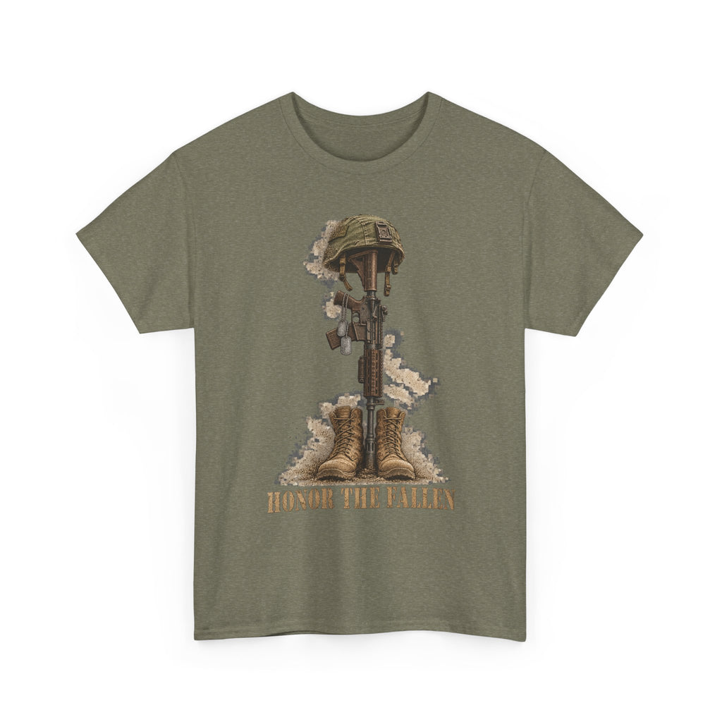 Olive green crew-neck T-shirt with fallen soldier helmet, rifle, boots graphic and “HONOR THE FALLEN”