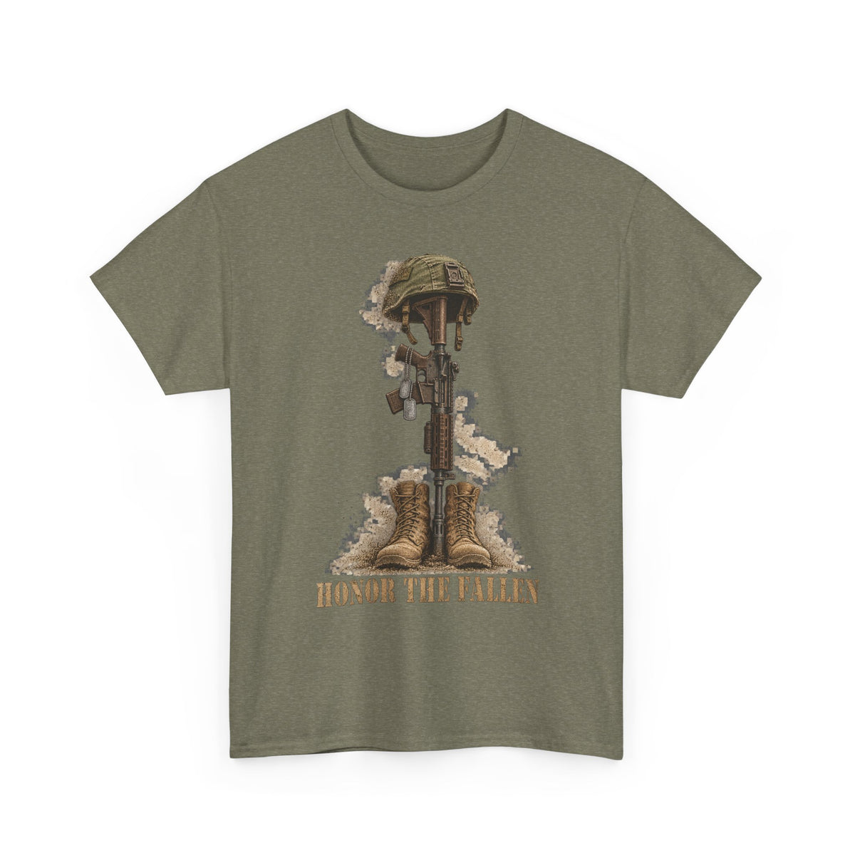 Olive green crew-neck T-shirt with fallen soldier helmet, rifle, boots graphic and “HONOR THE FALLEN”