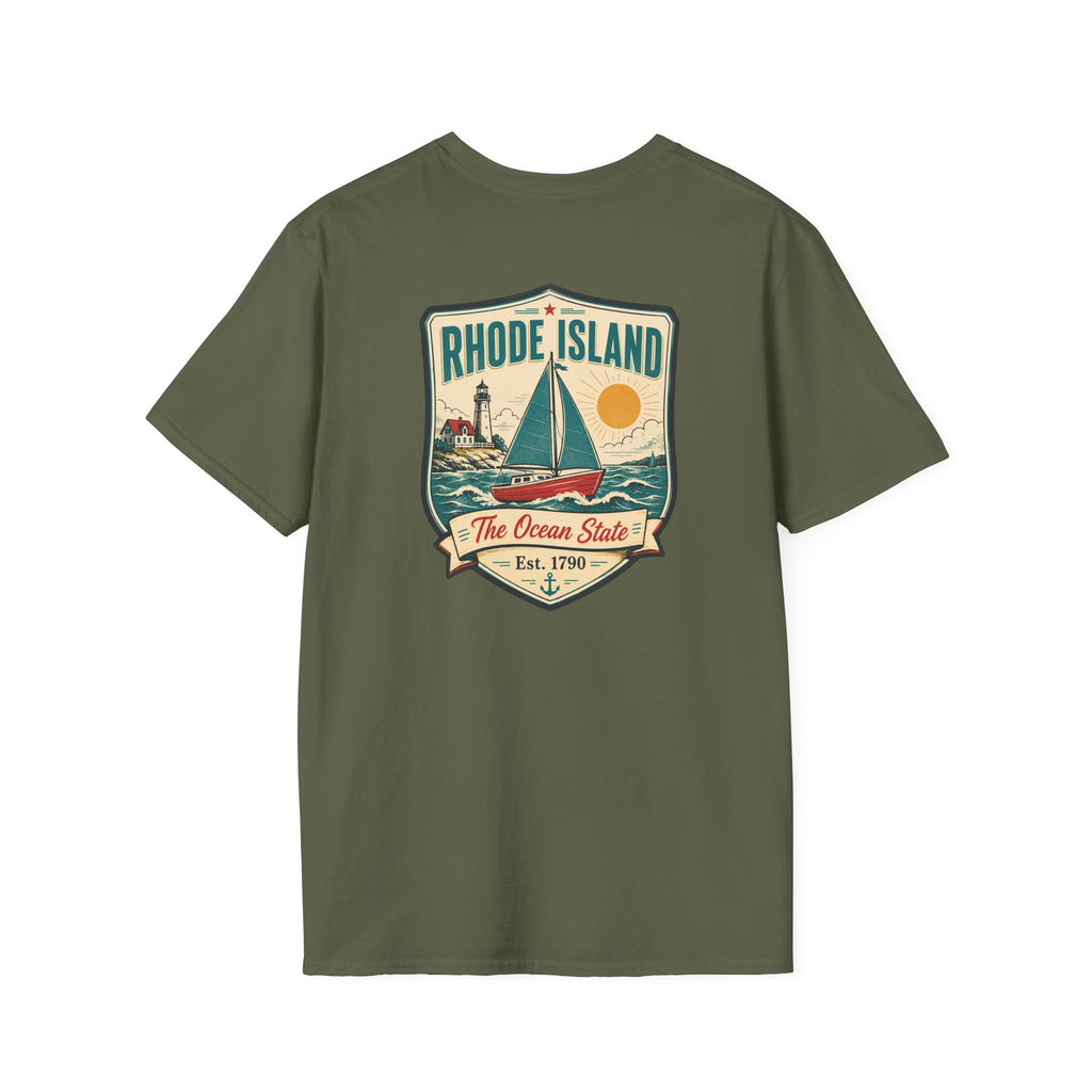 Sailboat graphic t-shirt, olive green, with Rhode Island emblem front print