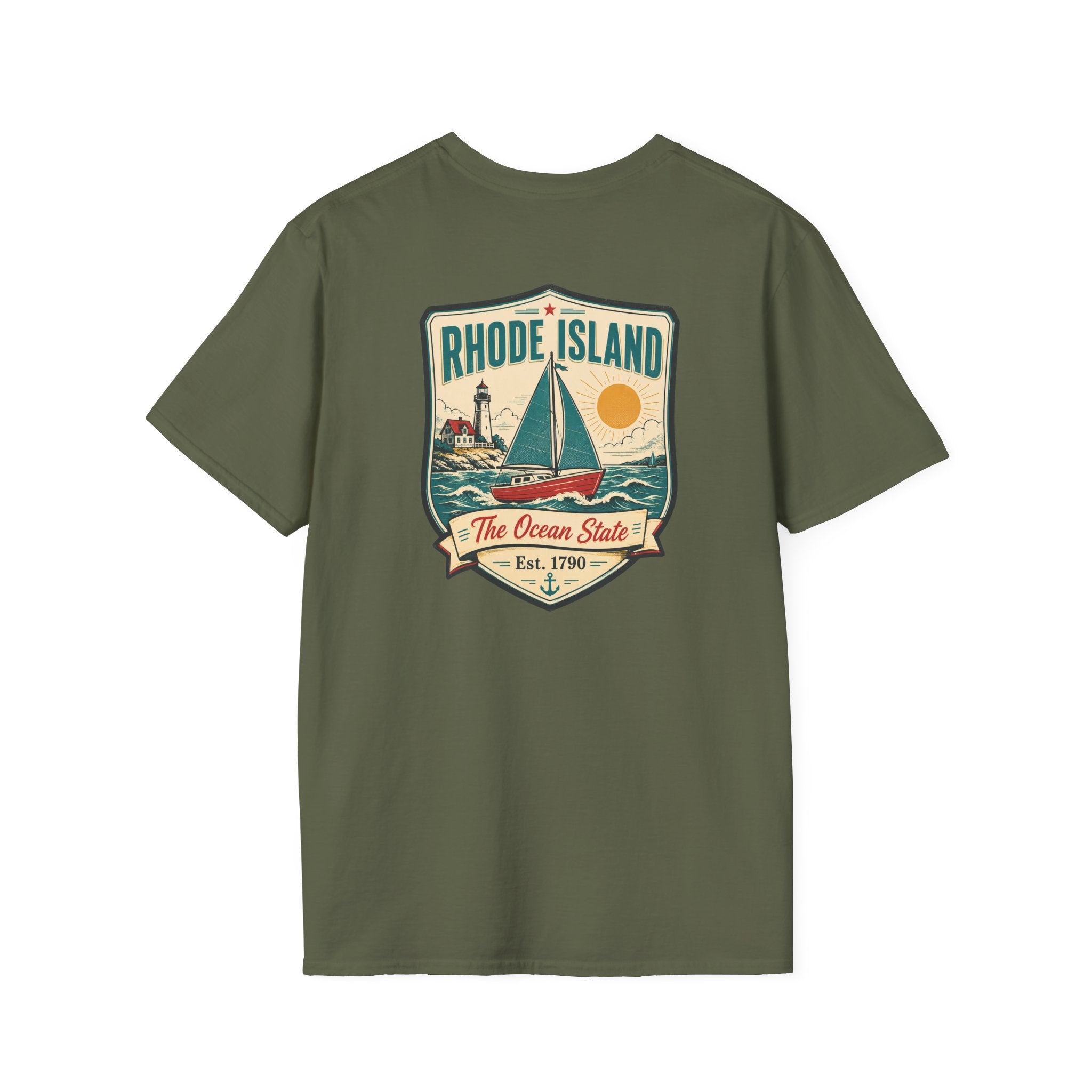 Sailboat graphic t-shirt, olive green, with Rhode Island emblem front print