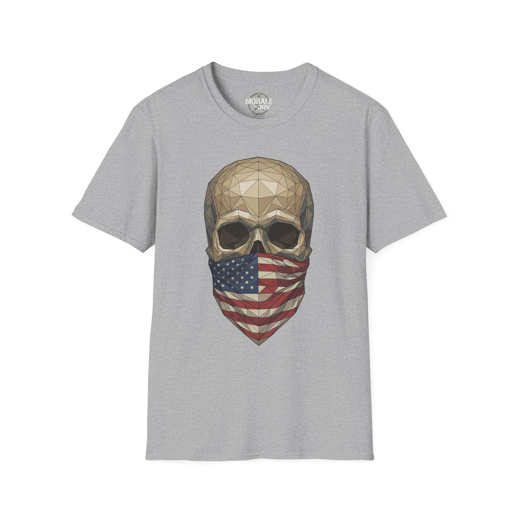 Geometric skull T-shirt with American flag bandana print on light gray crewneck