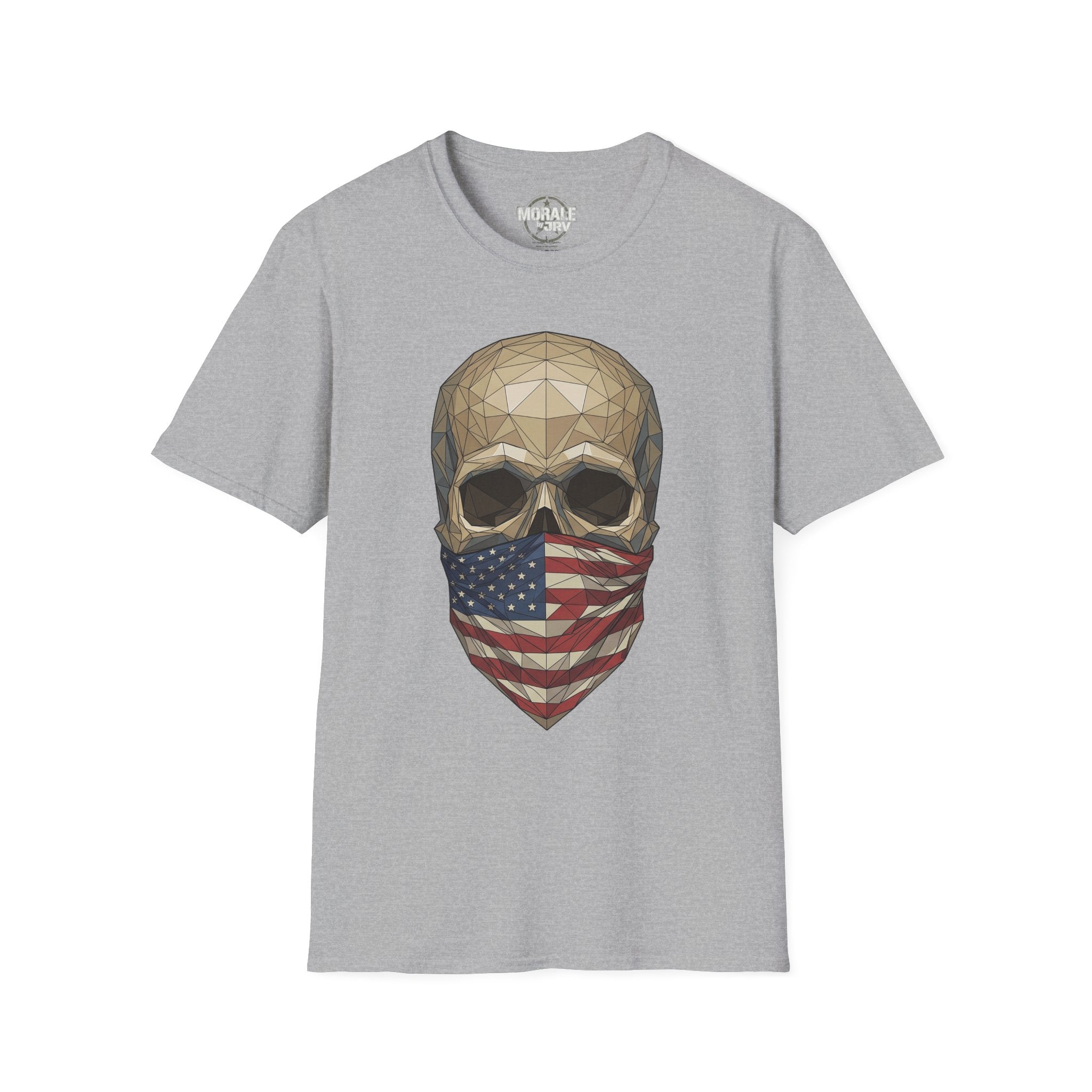 Geometric skull T-shirt with American flag bandana print on light gray crewneck
