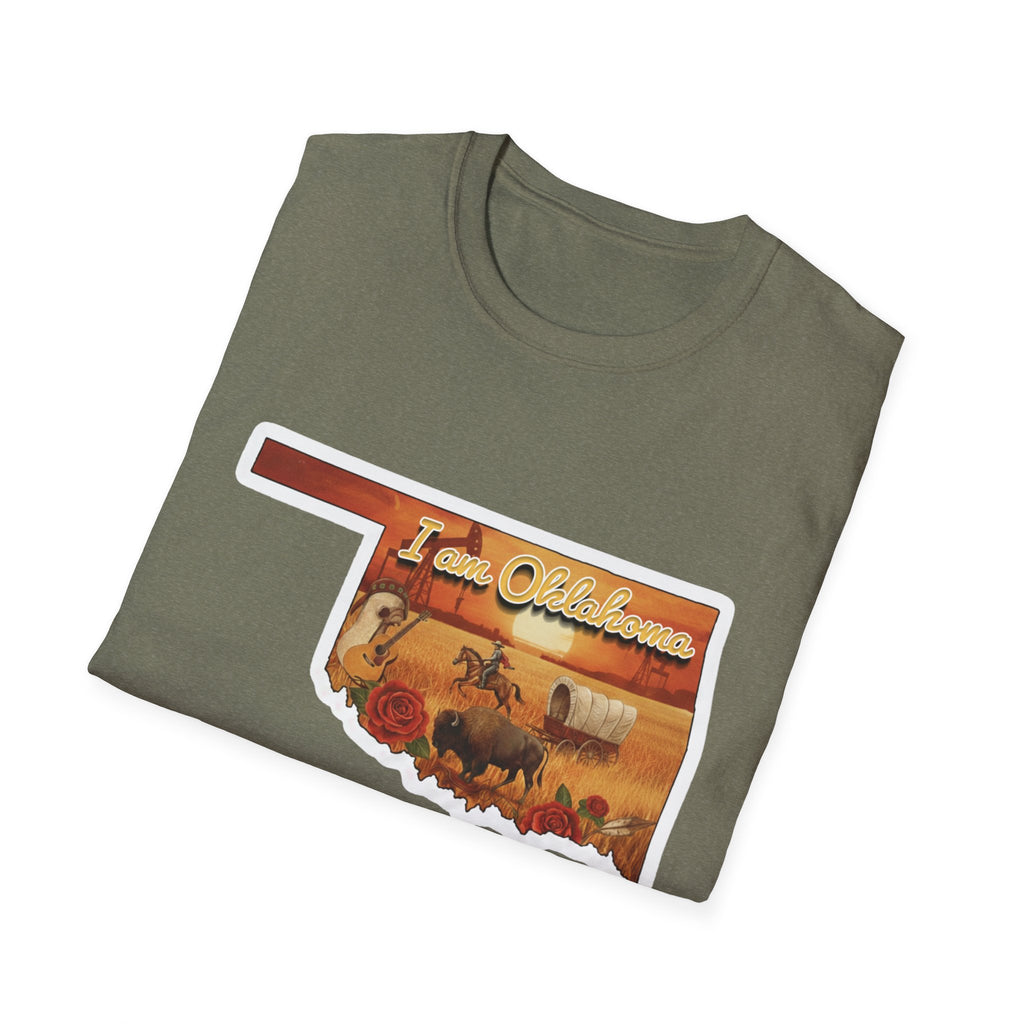 Heather Military Green T-shirt with 'I am Oklahoma' cowboy scene graphic