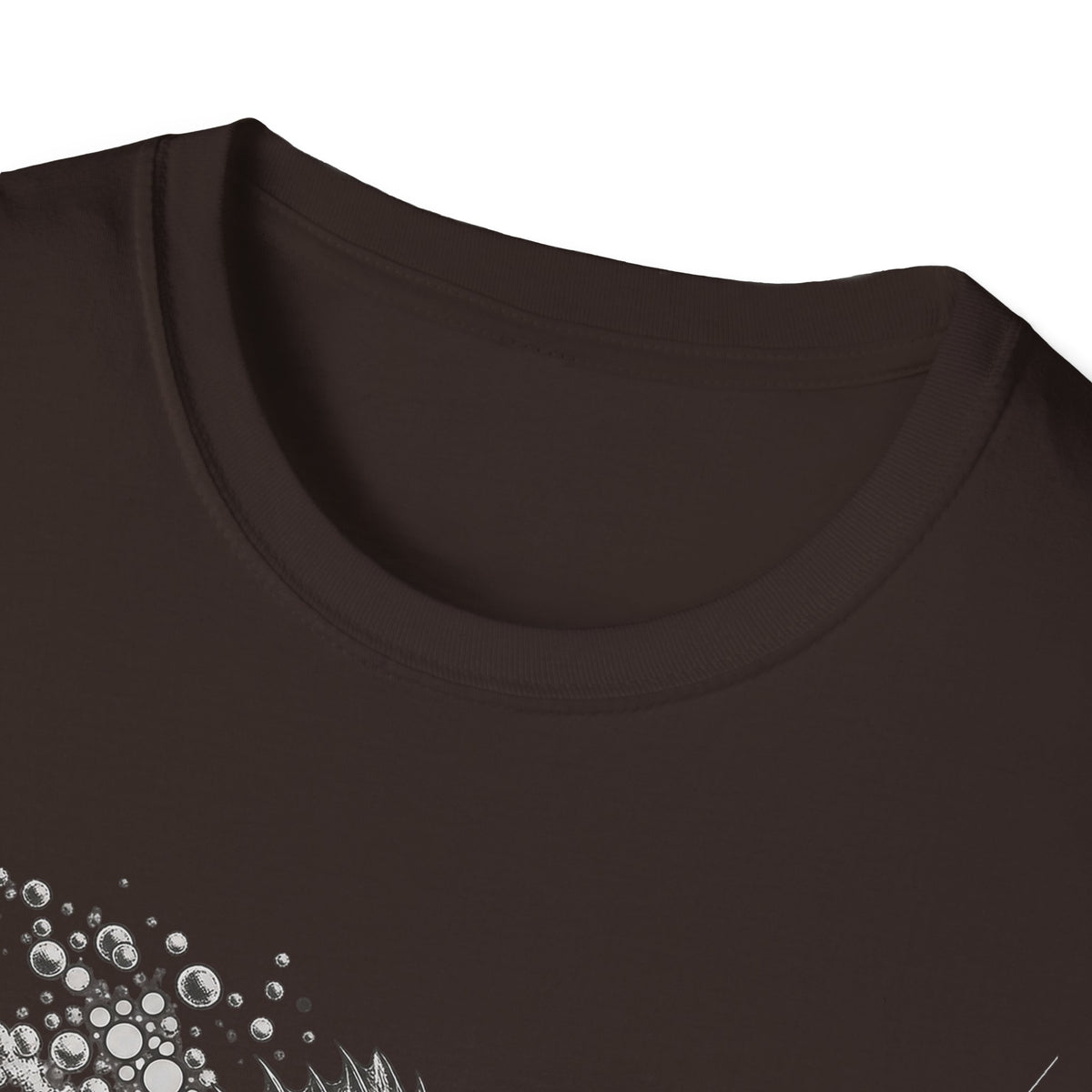 Dark chocolate fishing walleye graphic T-shirt, crew neck; partial fish-and-bubbles print
