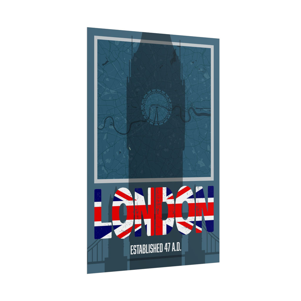 London typography wall print with Union Jack “LONDON” and “Established 47 A.D.”