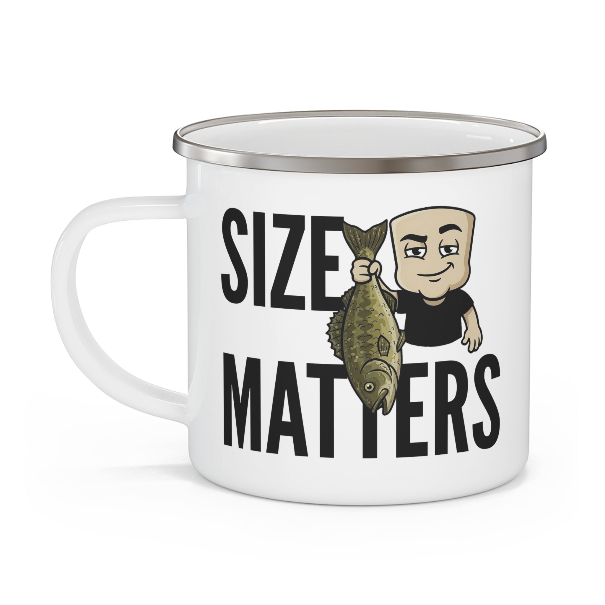Enamel camping mug with Size Matters fishing cartoon and fish graphic