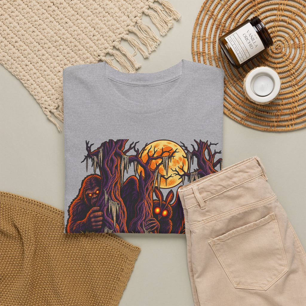 Light gray Halloween monster graphic T-shirt with haunted forest and glowing pumpkin face.