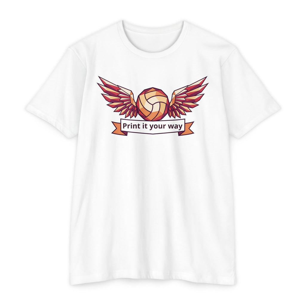 White unisex volleyball graphic T-shirt with winged ball emblem on front