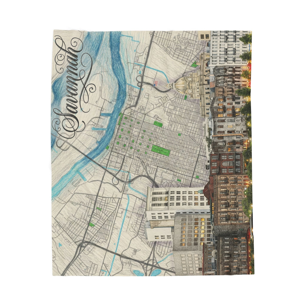 City map velveteen plush blanket with blue and green skyline print