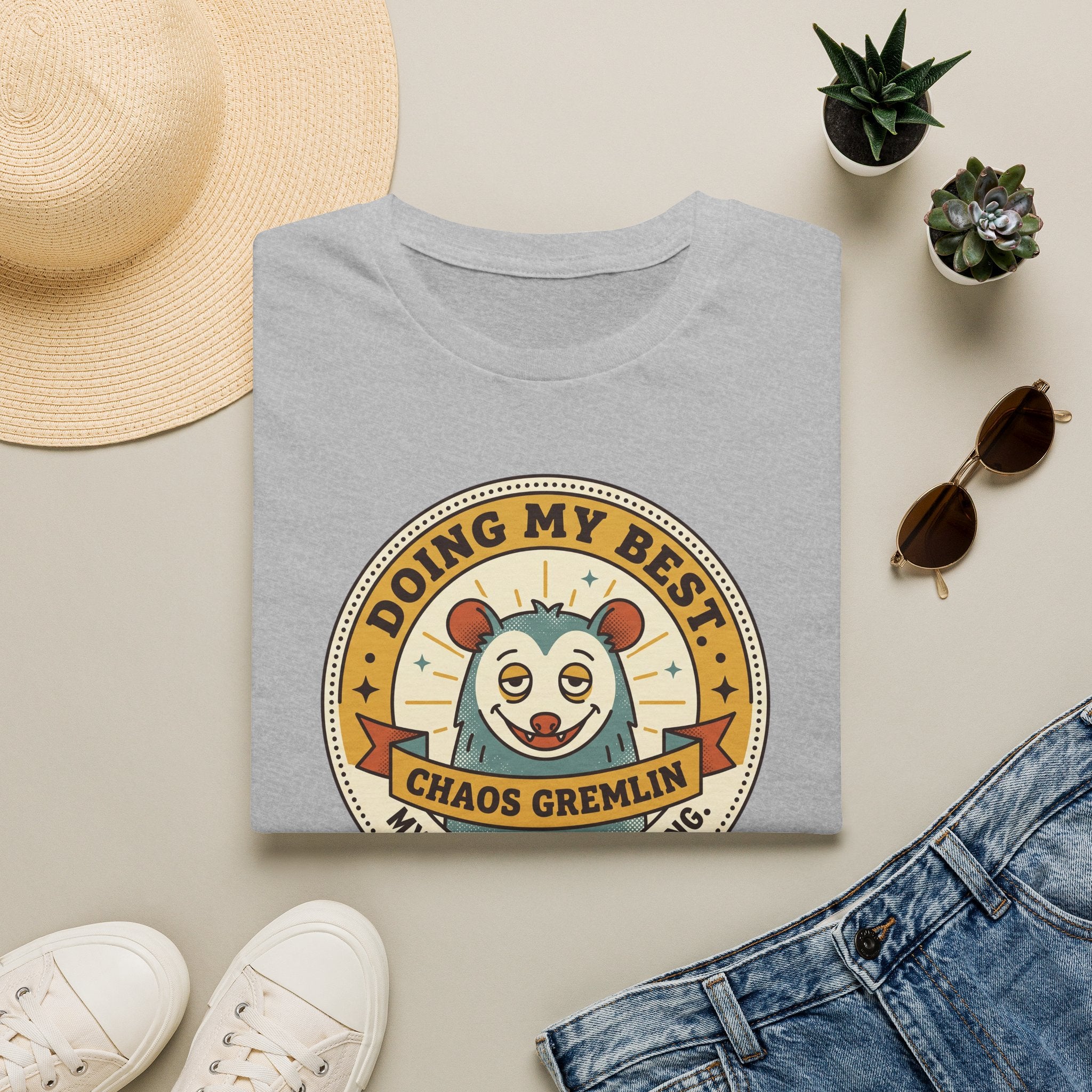 Sport grey t-shirt with “Doing My Best Chaos Gremlin” cartoon chest graphic