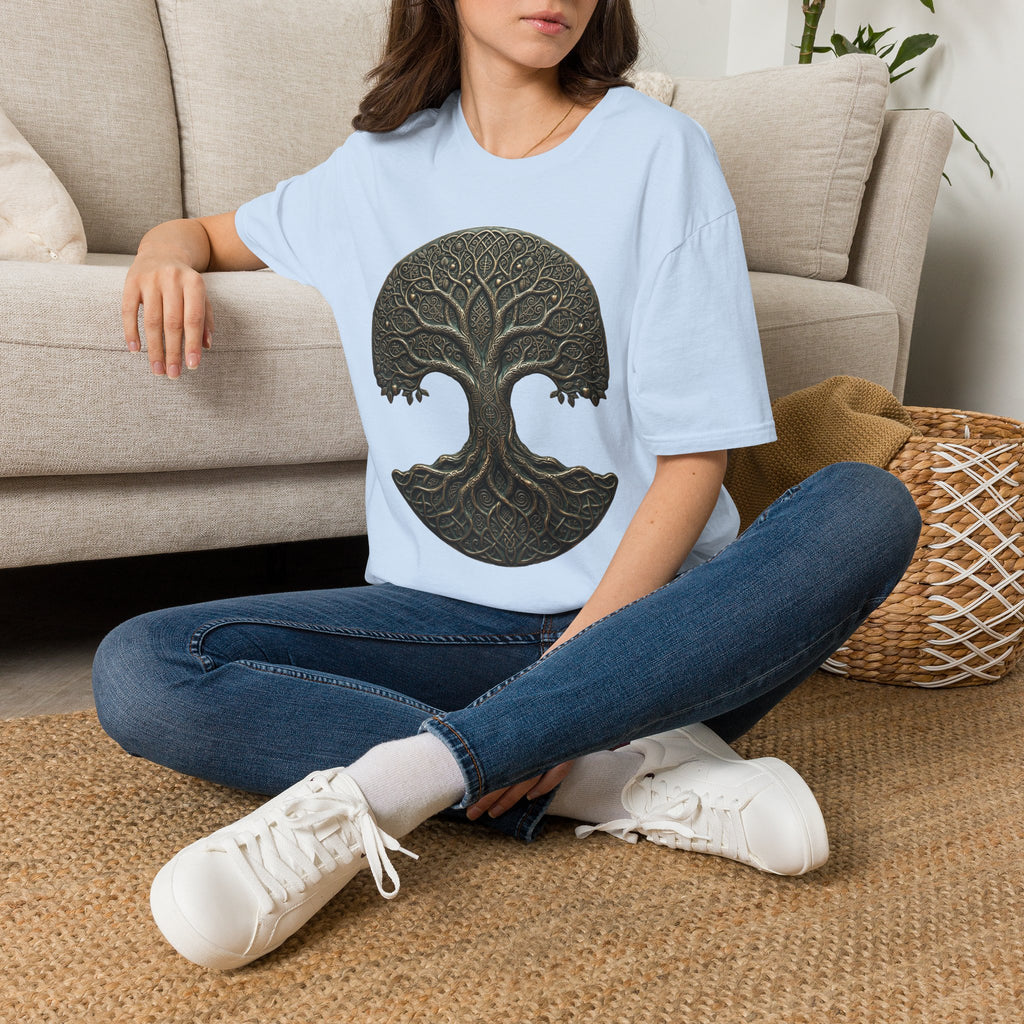 Light blue crew-neck t-shirt with Celtic tree and roots graphic on front.