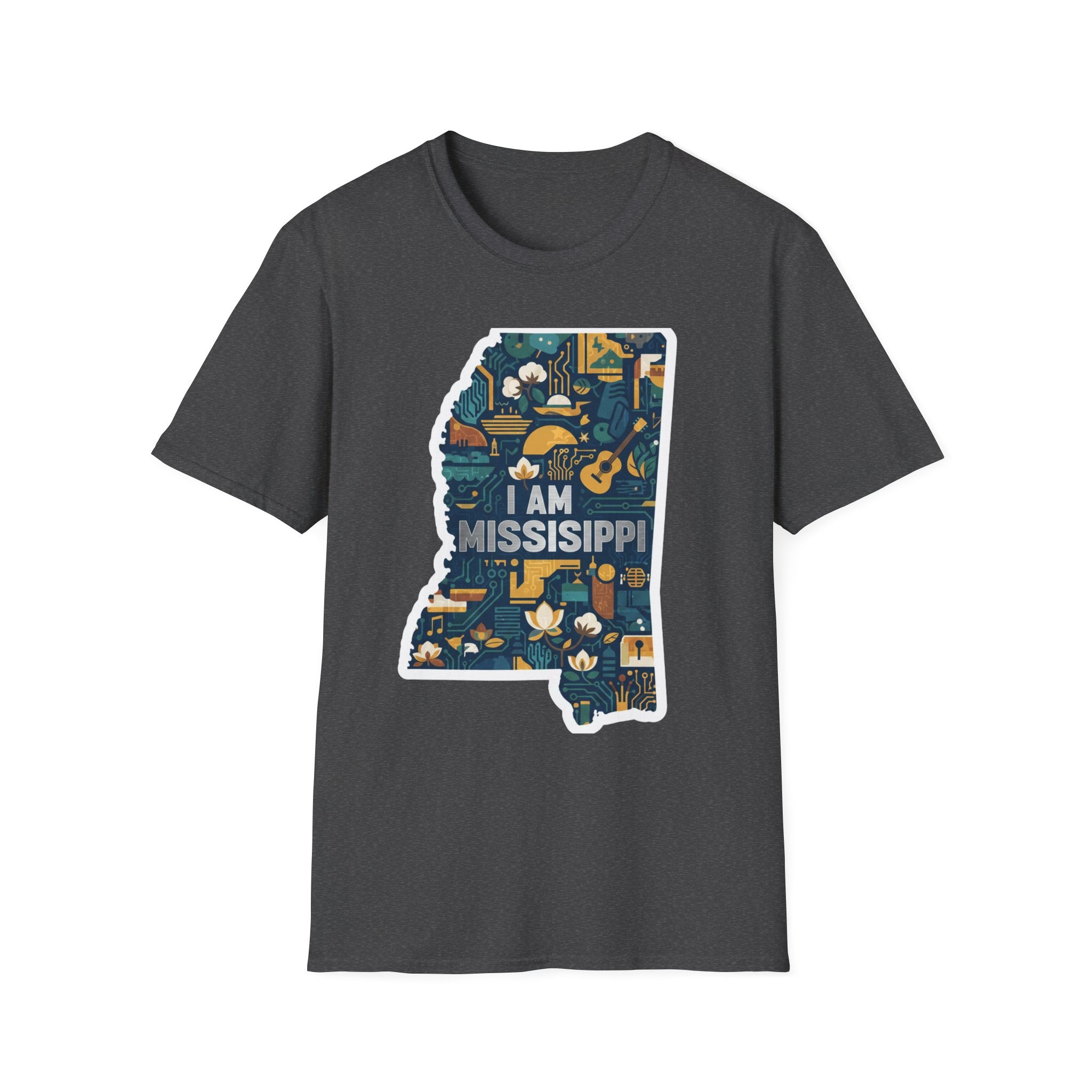 Graphite Heather T-shirt with colorful Mississippi state map graphic and "I AM MISSISSIPPI"