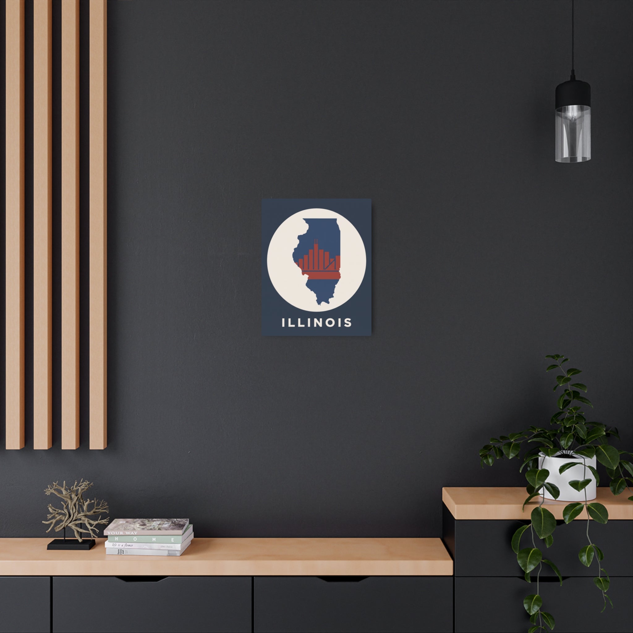 Illinois wall art sign: metal Illinois silhouette with Chicago skyline, blue and red