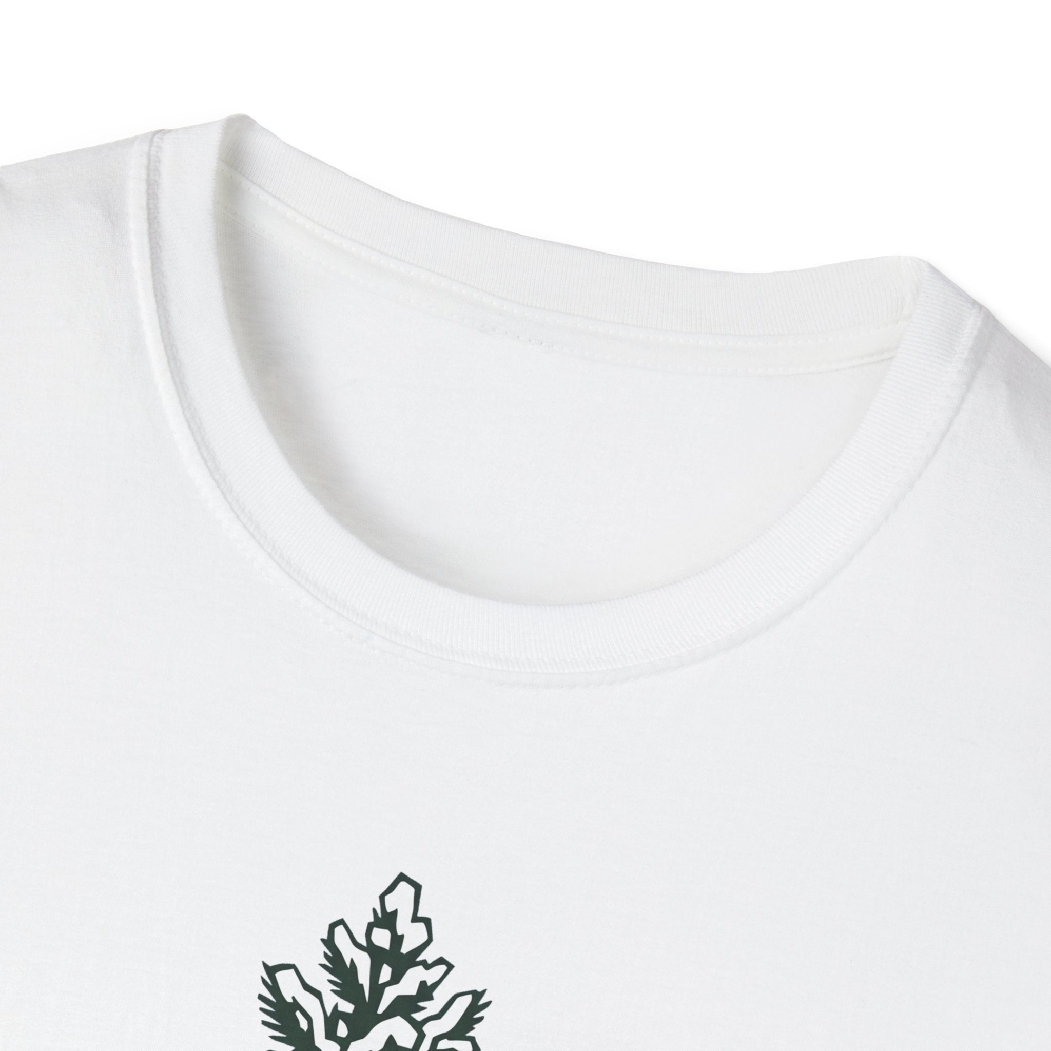 White T-shirt crew neck with partial snowy pine graphic on chest