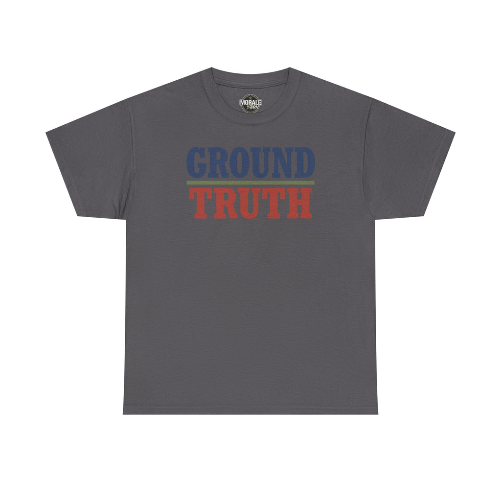 Charcoal crew-neck T-shirt with 'GROUND TRUTH' graphic print on chest