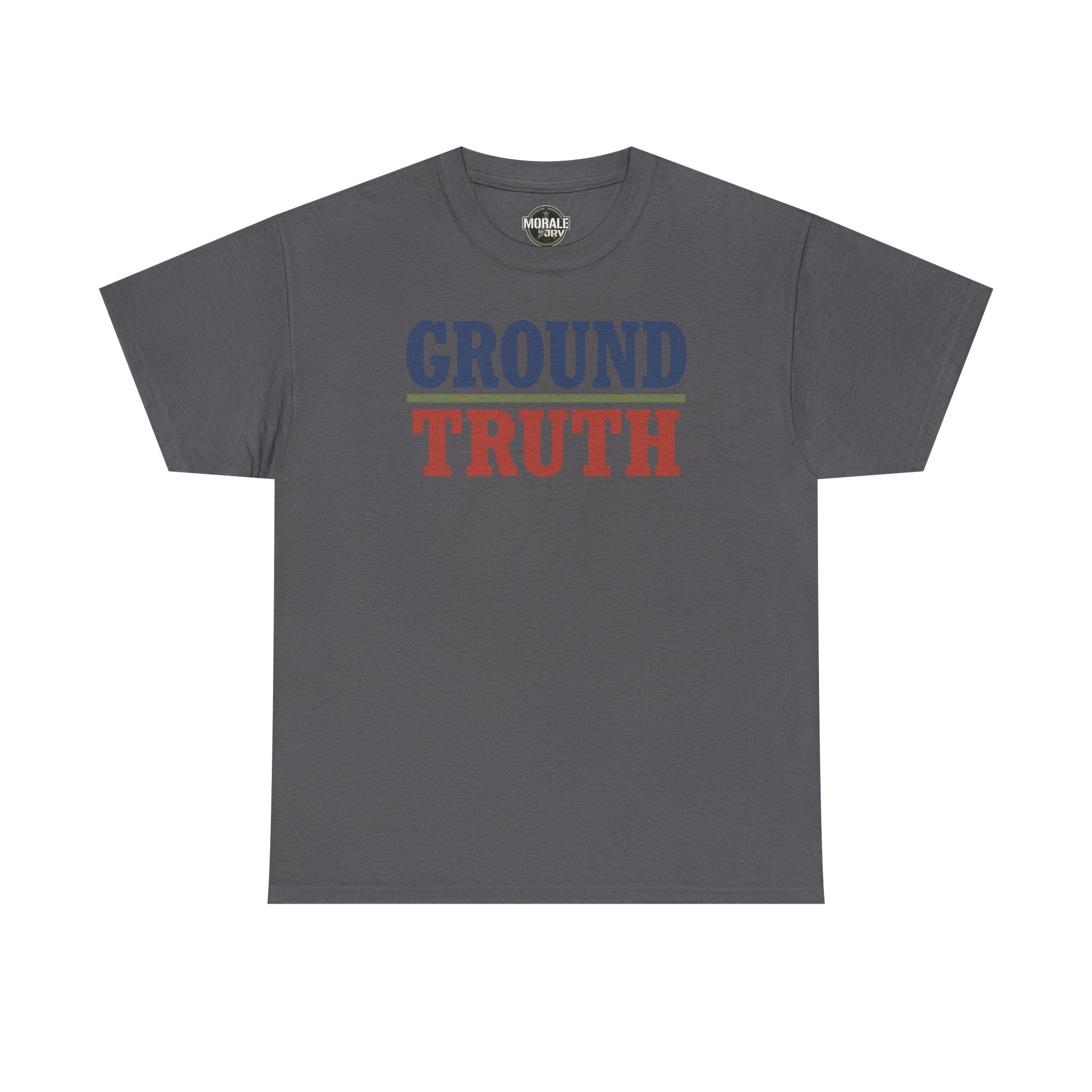 Charcoal crew-neck T-shirt with 'GROUND TRUTH' graphic print on chest