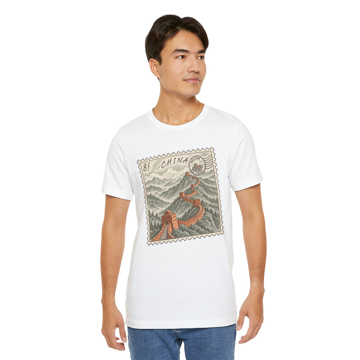 White short-sleeve tee with vintage postage stamp graphic of the Great Wall