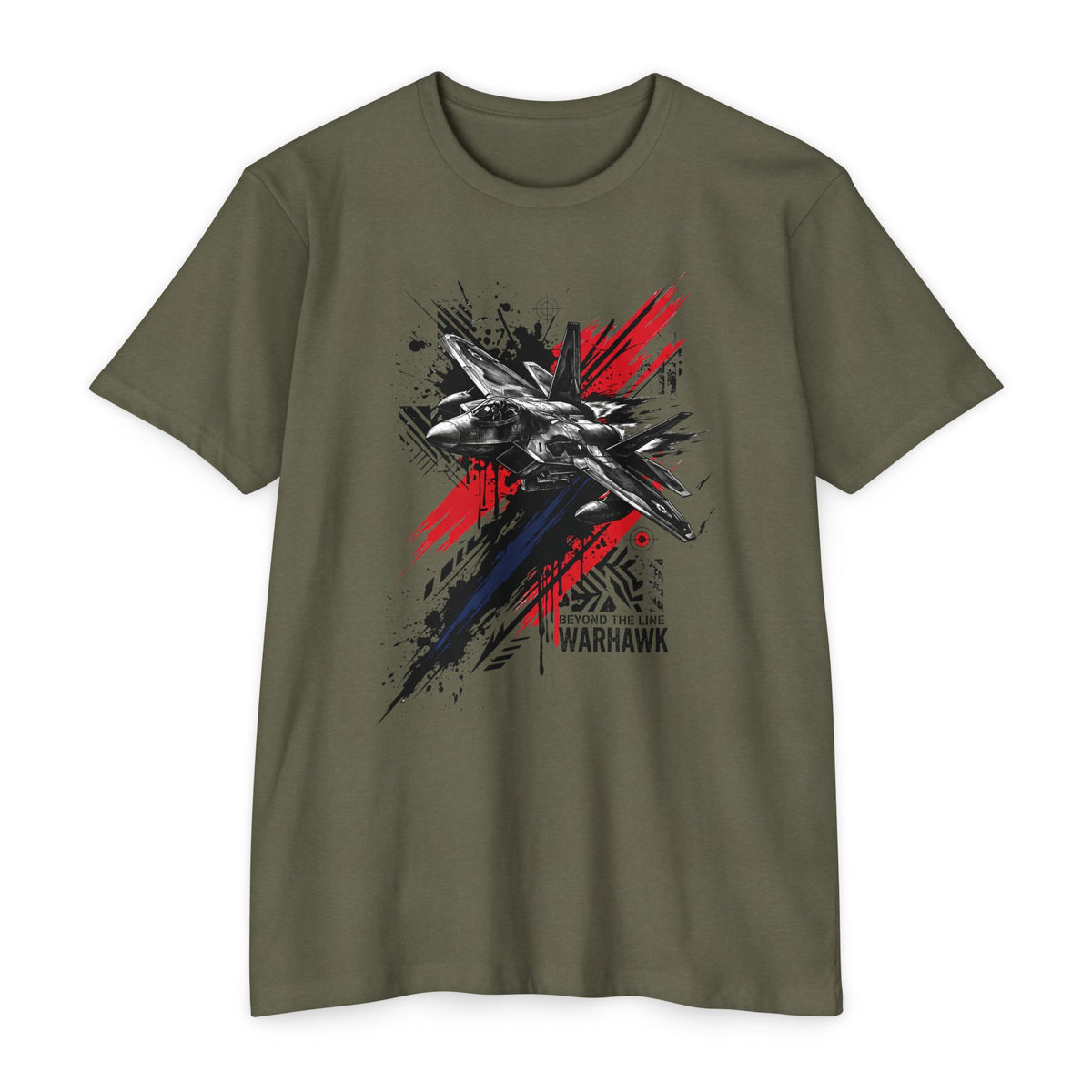 Olive green T-shirt with graffiti-style black fighter jet, red and blue splatter accents