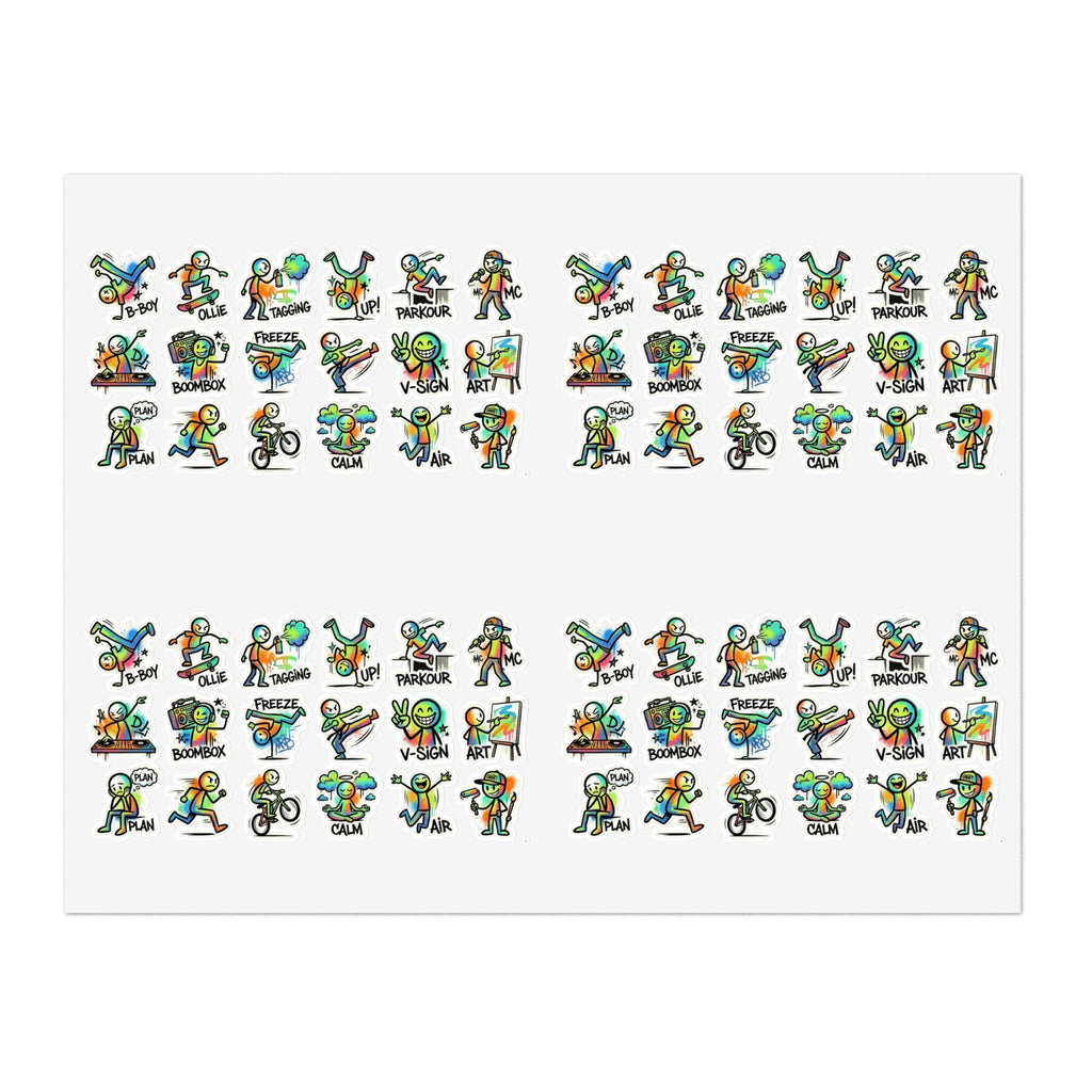 Sticker sheet featuring small cartoon character activity icons arranged in rows