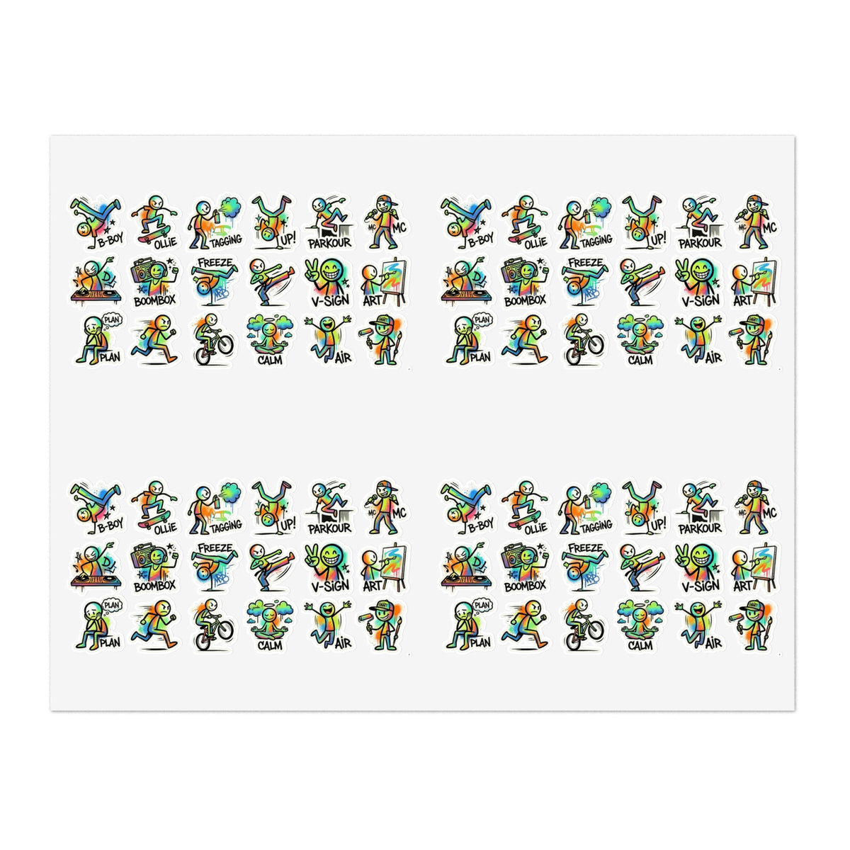 Sticker sheet featuring small cartoon character activity icons arranged in rows