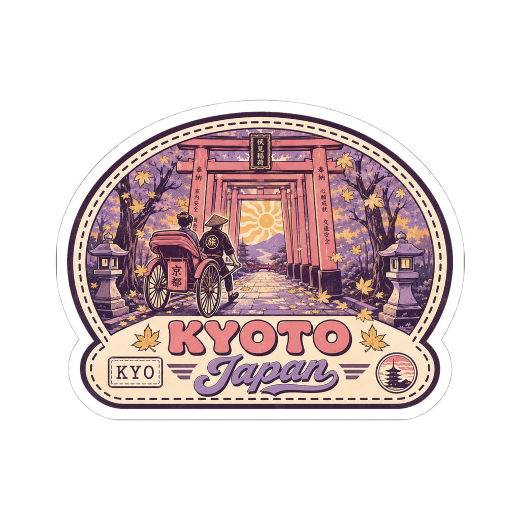 Kyoto Japan travel sticker with torii gate scene, rickshaw, purple autumn colors and logo.