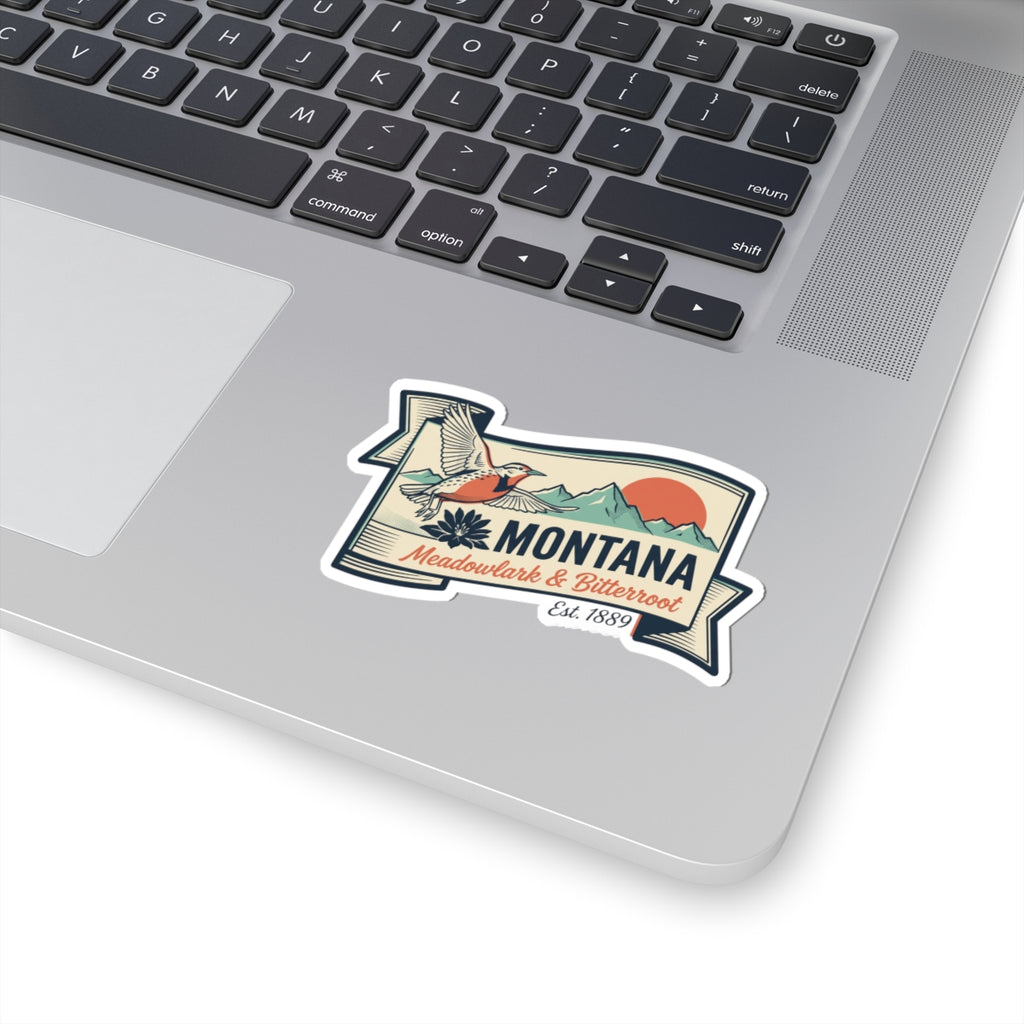 Montana state badge vinyl sticker on laptop, with bird and Est. 1889 details