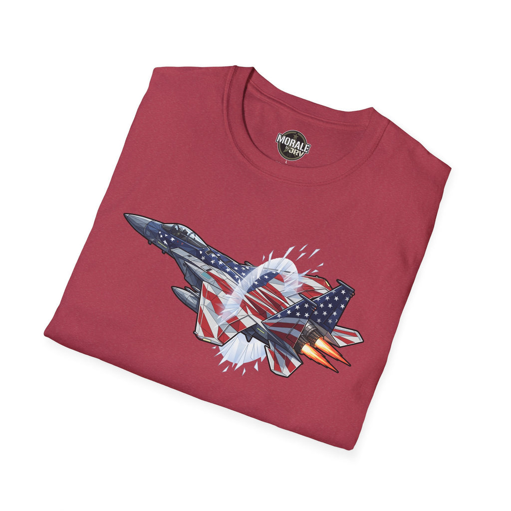Maroon t-shirt with American-flag fighter jet graphic and star-spangled burst