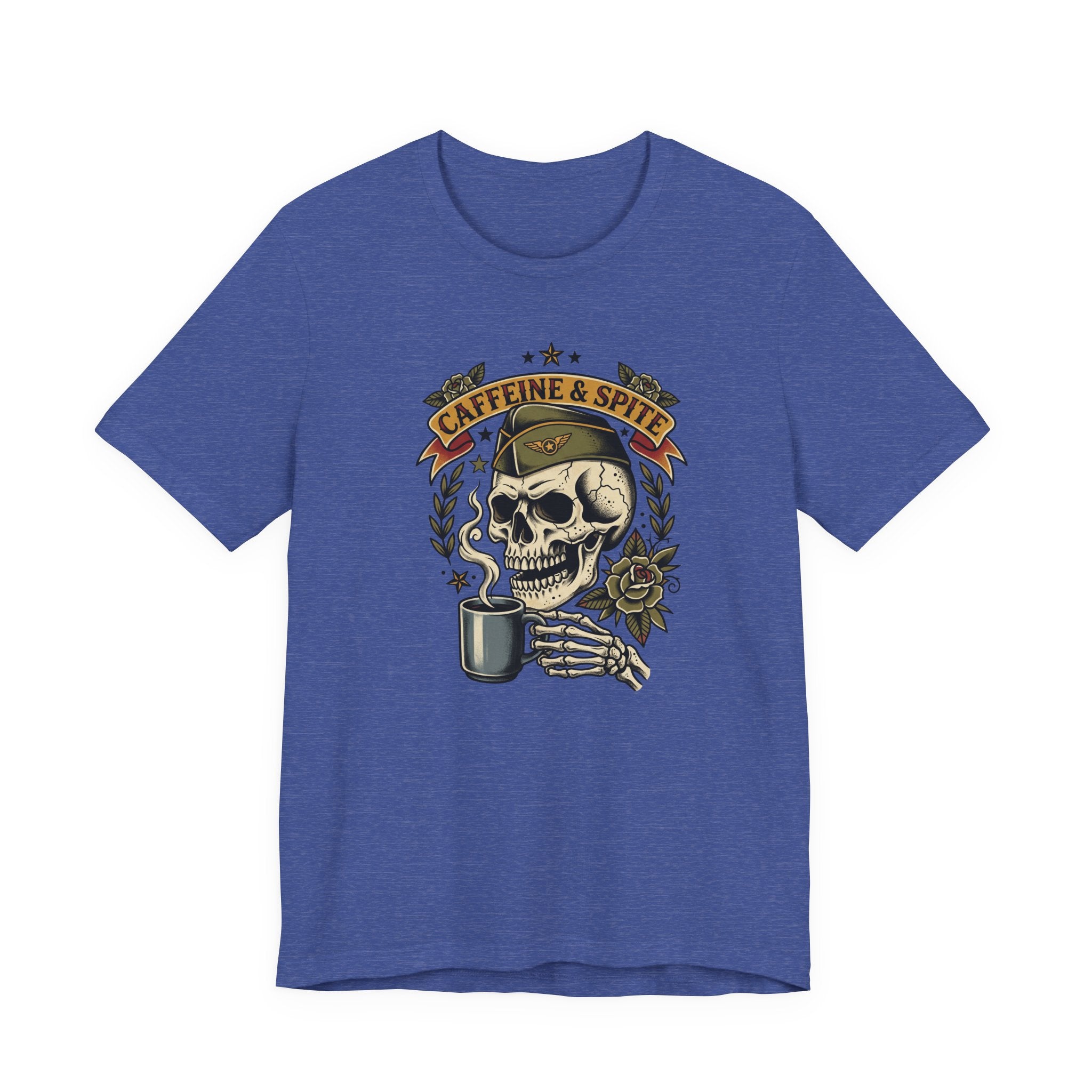 Royal blue T-shirt with skull holding coffee mug graphic in green and gold