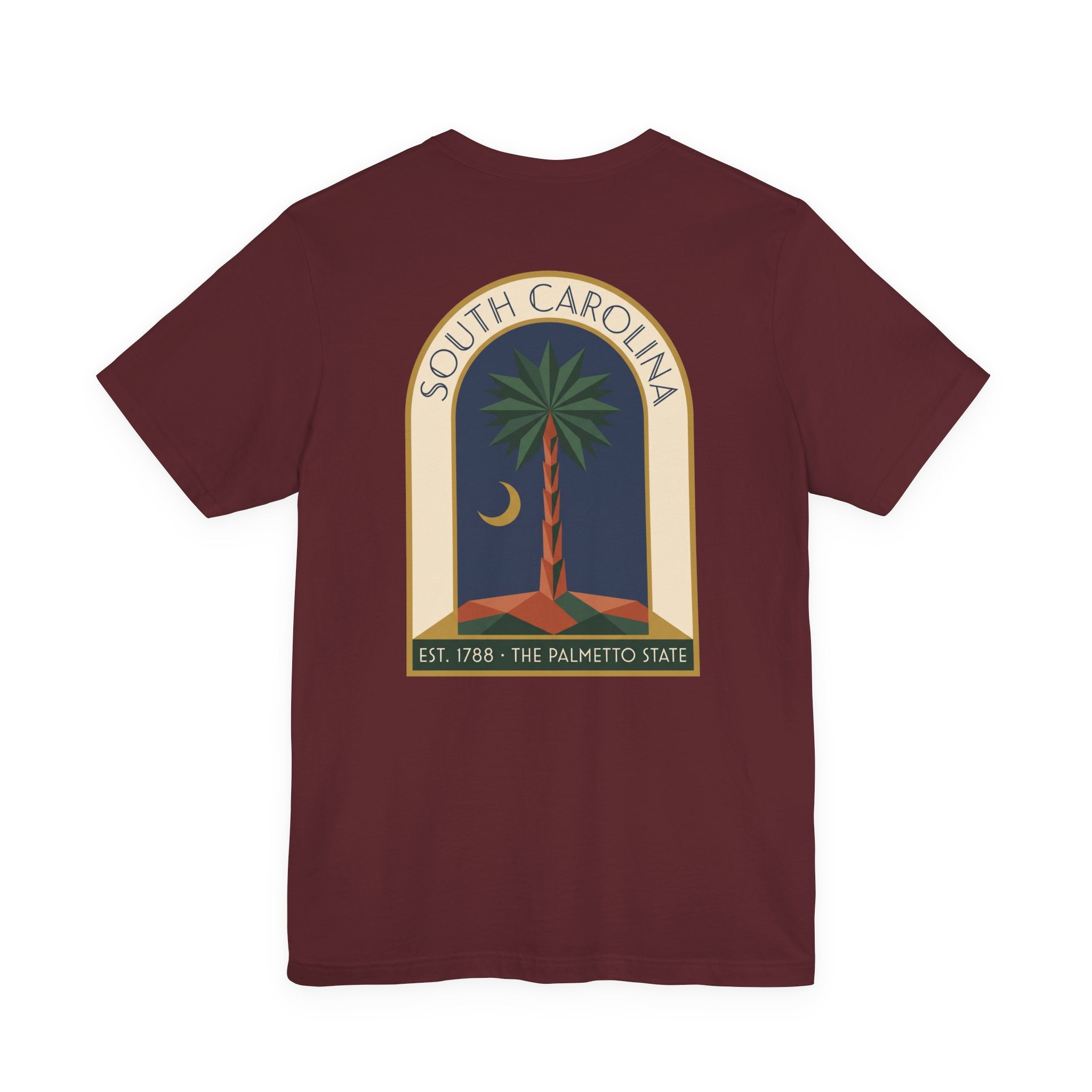 Maroon t-shirt with South Carolina art deco palmetto and moon graphic