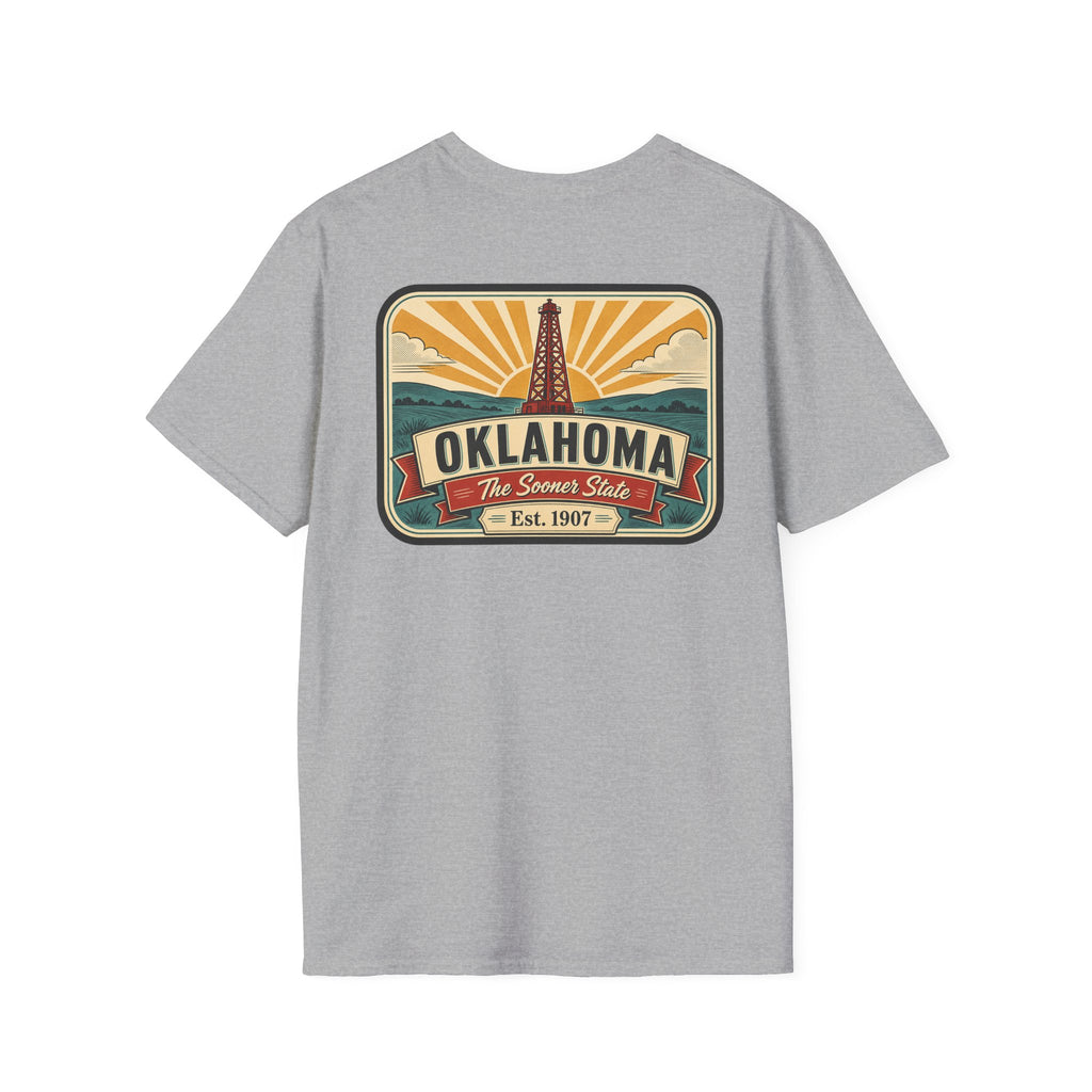 Heather grey T-shirt with rectangular Oklahoma Sooner State logo